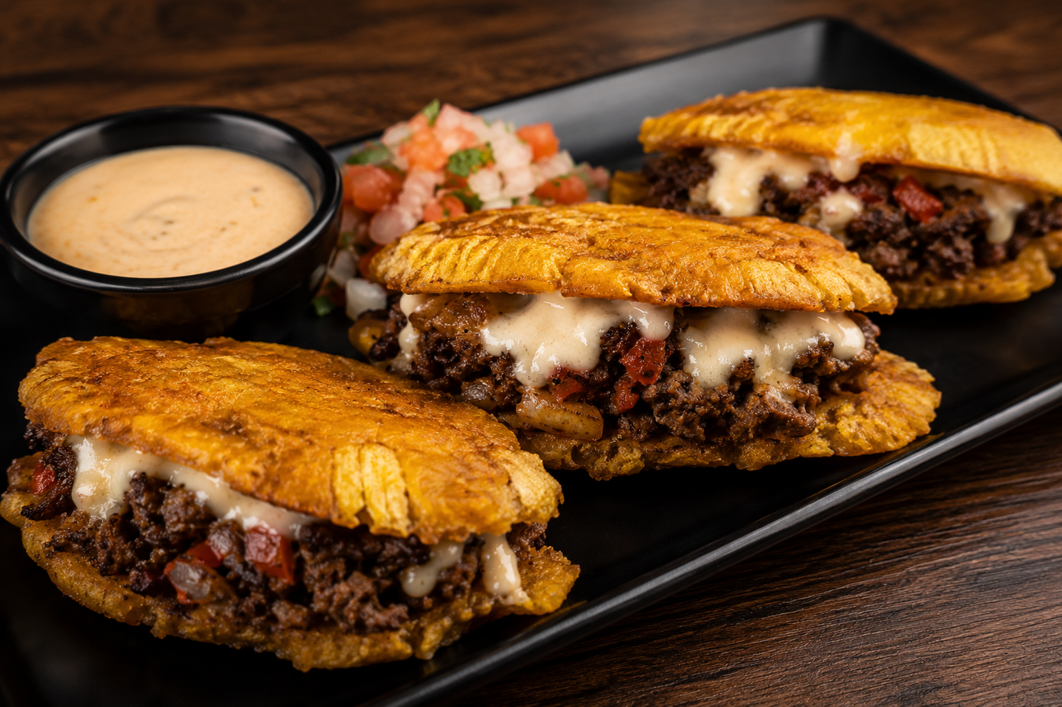 Three fried taco dishes filled with seasoned ground beef, melted cheese, and diced tomatoes on a black rectangular plate, accompanied by a side of salsa and creamy sauce.