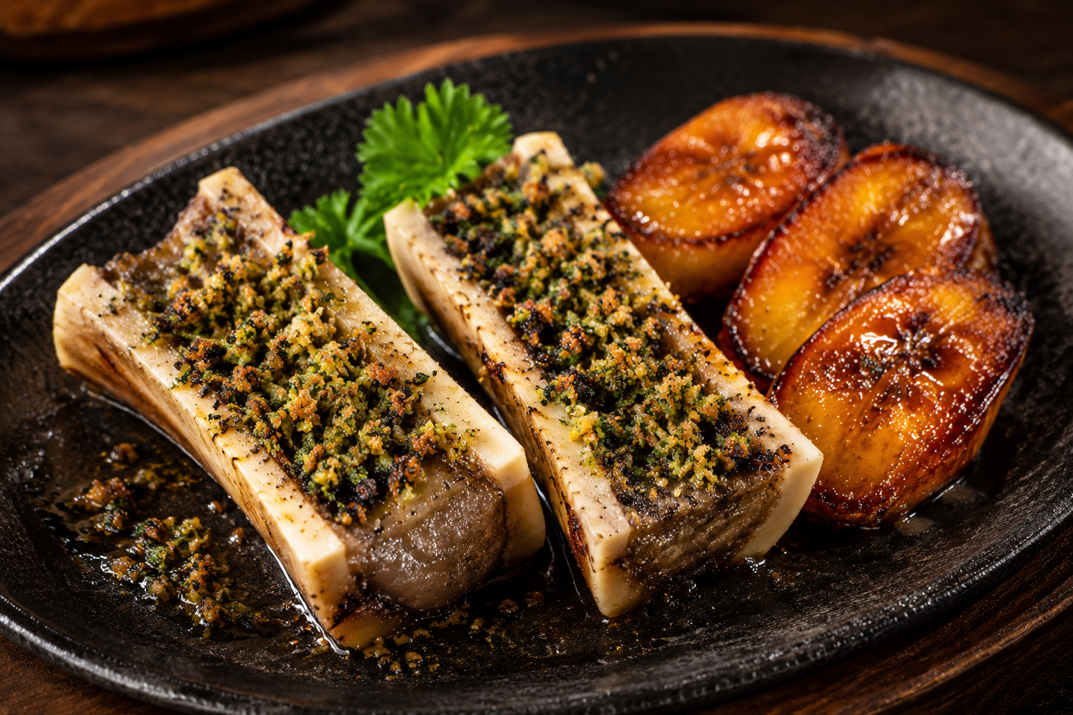 Grilled bone-in pork chop topped with herbs and spices, accompanied by grilled bananas with caramelized sugar, on a black cast iron skillet with parsley garnish.