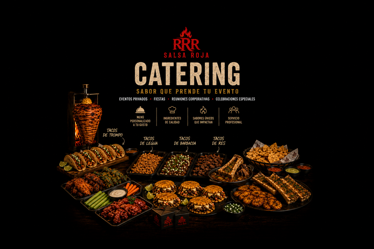 Assorted tacos, grilled meats, sauces, and snacks arranged on a dark table with a vertical rotisserie in the background, promoting catering services for events.