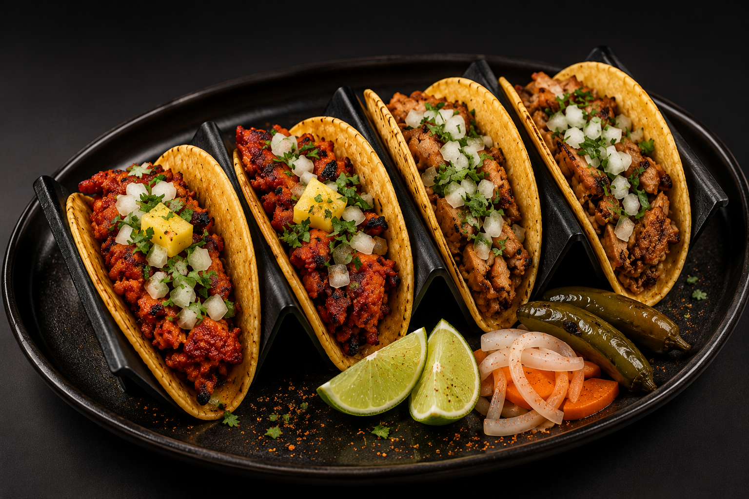 Four tacos filled with various meats, garnished with chopped onions, cilantro, and small cubes of cheese, served with lime wedges, pickled onions, carrots, and jalapeño peppers on a black platter.