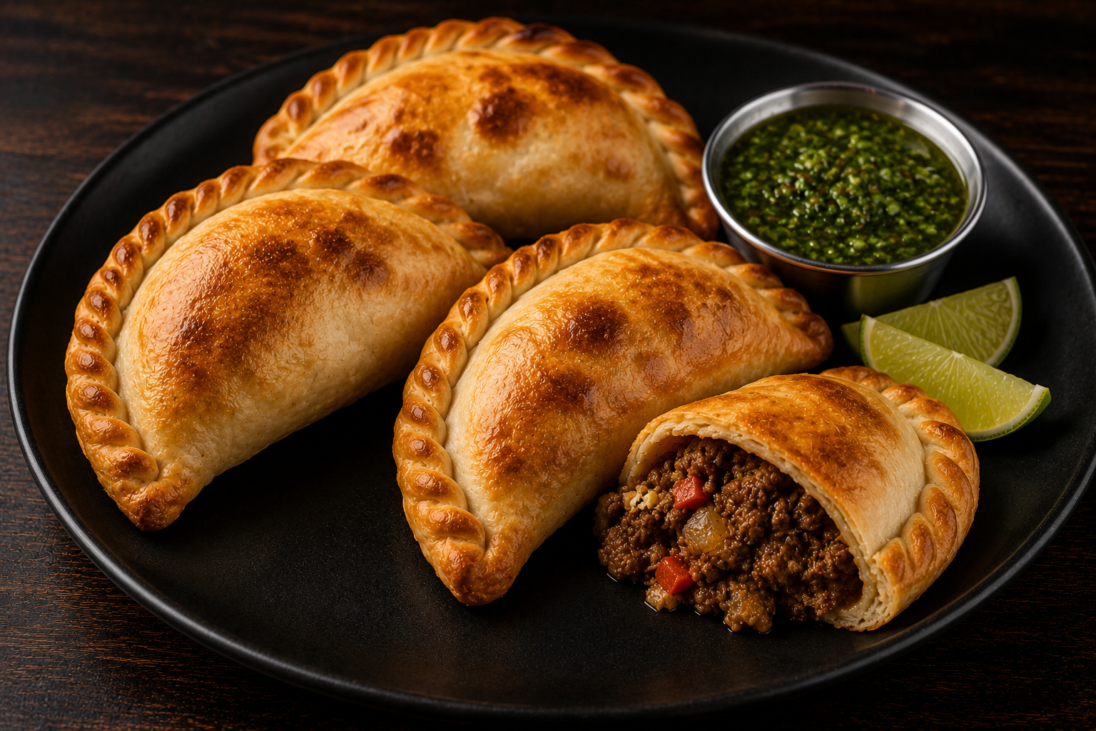 Four beef empanadas with golden-brown crust, one cut open showing seasoned ground beef filling with diced vegetables, served with lime wedges, a green sauce in a small metal cup, and lime wedges on a black plate.