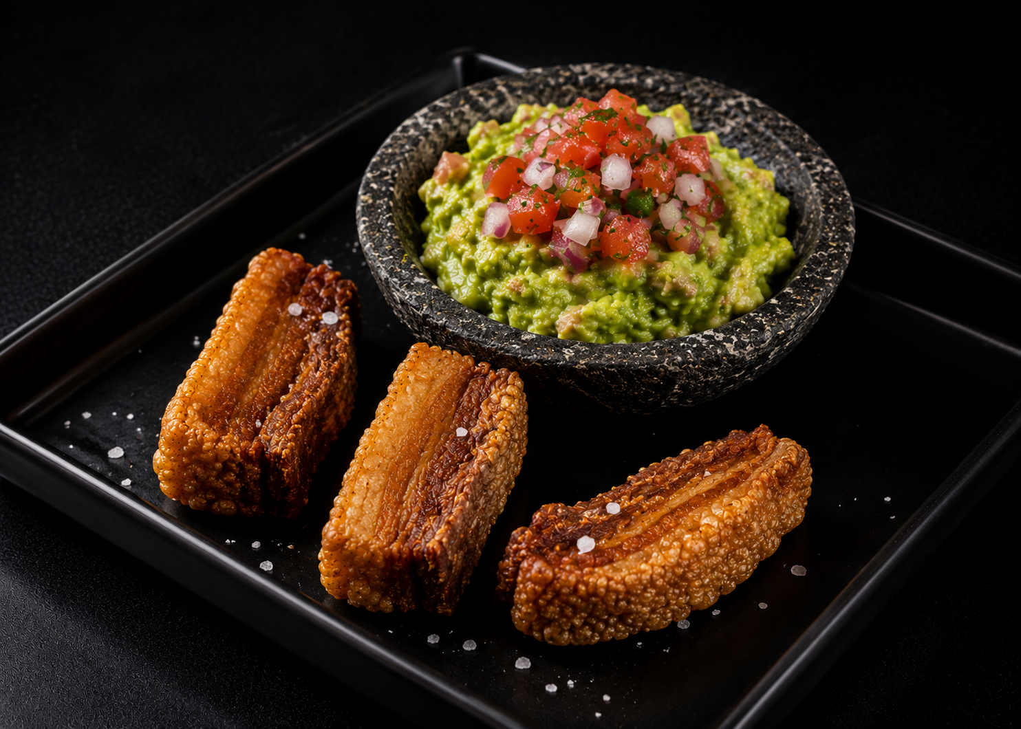 Three crispy pork belly slices with a side of guacamole topped with diced tomatoes and onions, served on a black tray.