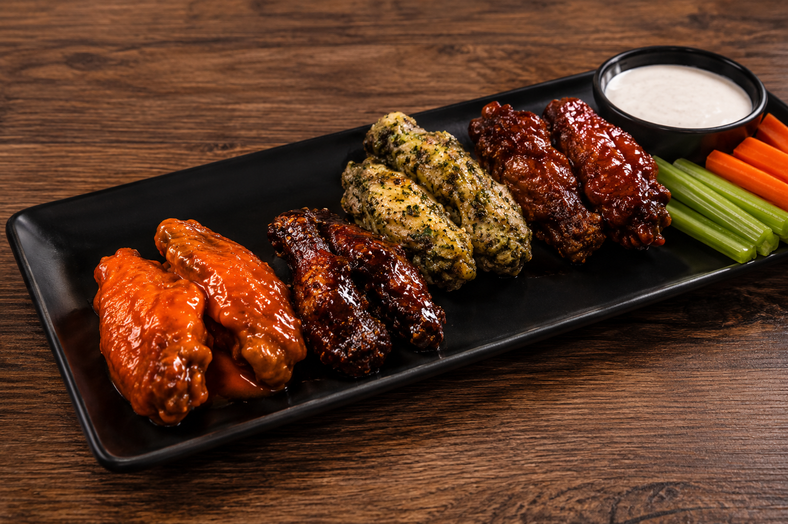 Four flavors. One obsession.

Crispy wings tossed fresh to order — from smoky BBQ and classic buffalo to our signature chimichurri fire wings. Served with house ranch, celery, and carrots on a sizzling late-night style platter made for sharing… or no
