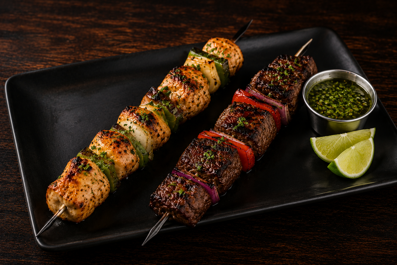 Fire-Grilled Skewers
Juicy chicken and tender steak skewers grilled to perfection over open flames, packed with smoky flavor and finished with our signature chimichurri sauce. Bold, juicy, and made to hit every craving.

Brochetas a la Parrilla
Jugos