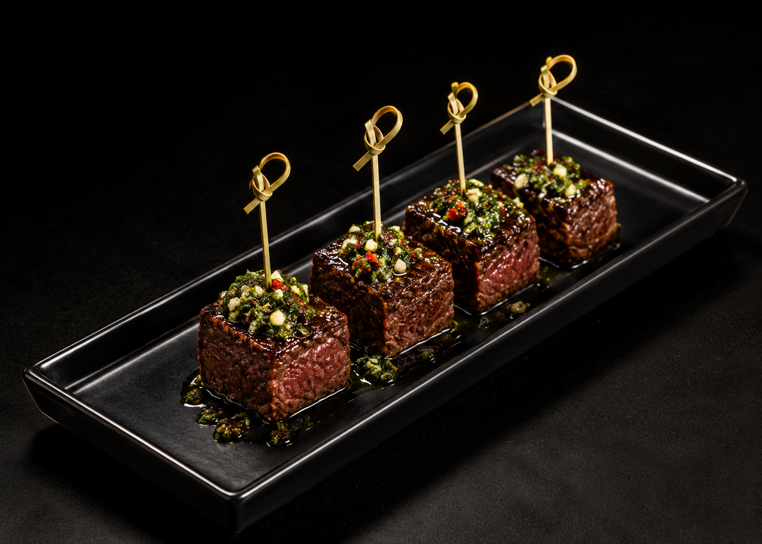 Four pieces of seared steak topped with green and red herb and spice garnish, served on a black rectangular plate