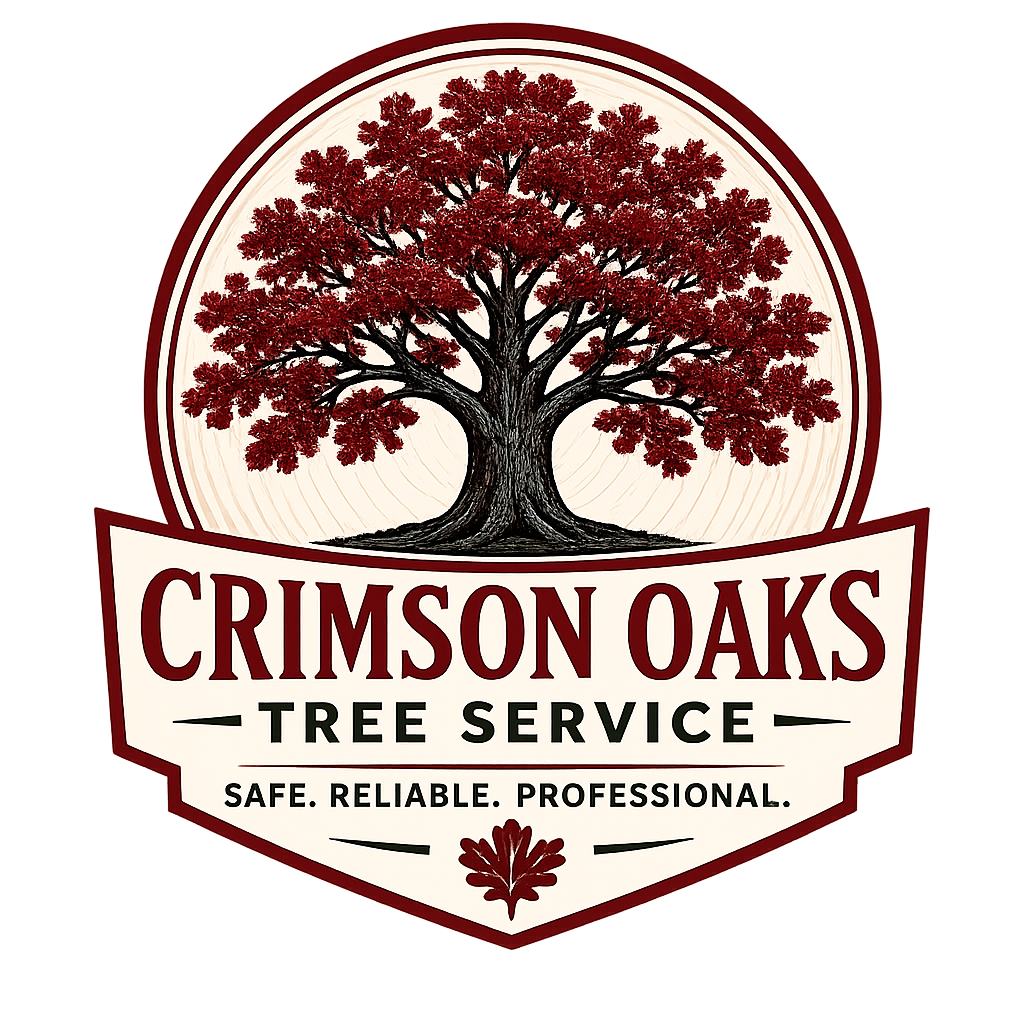 Logo for Crimson Oaks Tree Service featuring a large red oak tree with red leaves and the text "Crimson Oaks Tree Service" with the tagline "Safe. Reliable. Professional."