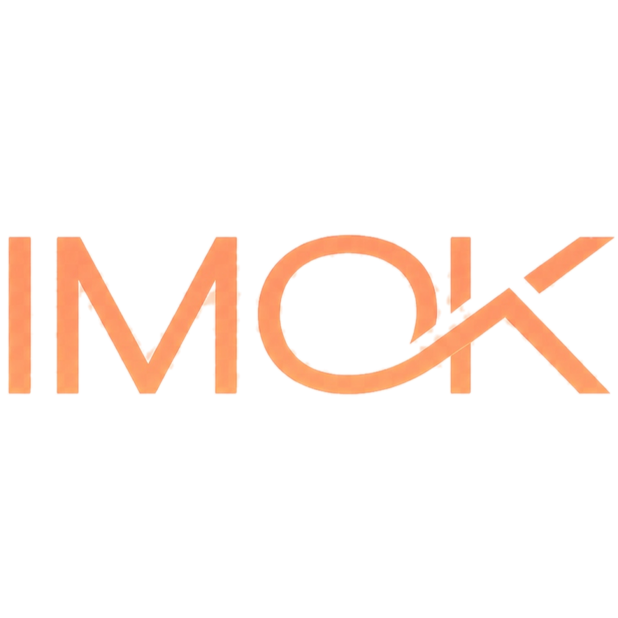 IMOK logo in orange with a stylized check mark extending from the O.