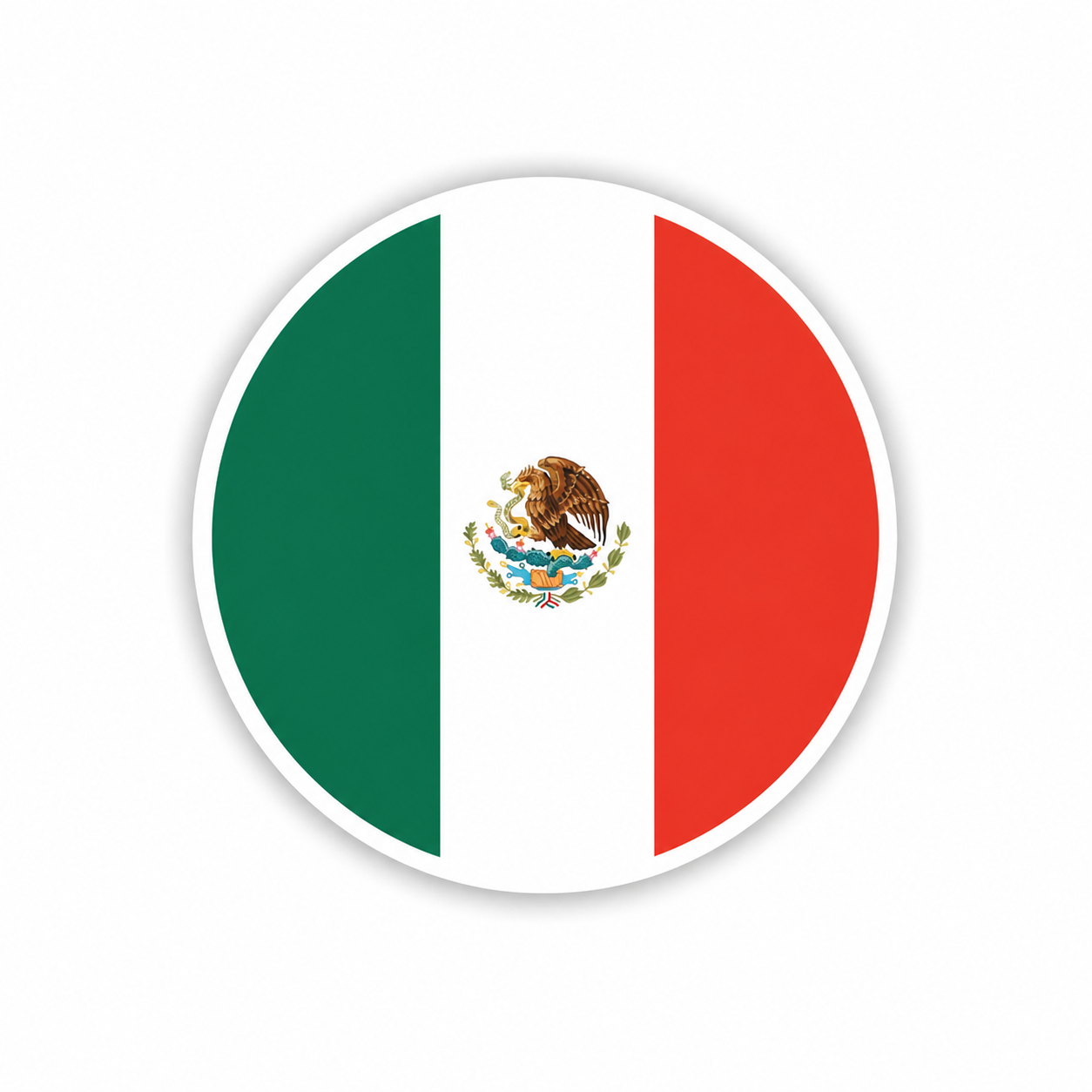 Circular badge featuring the Mexican flag with green, white, and red vertical stripes and an eagle holding a snake in its beak and talon, perched on a cactus.