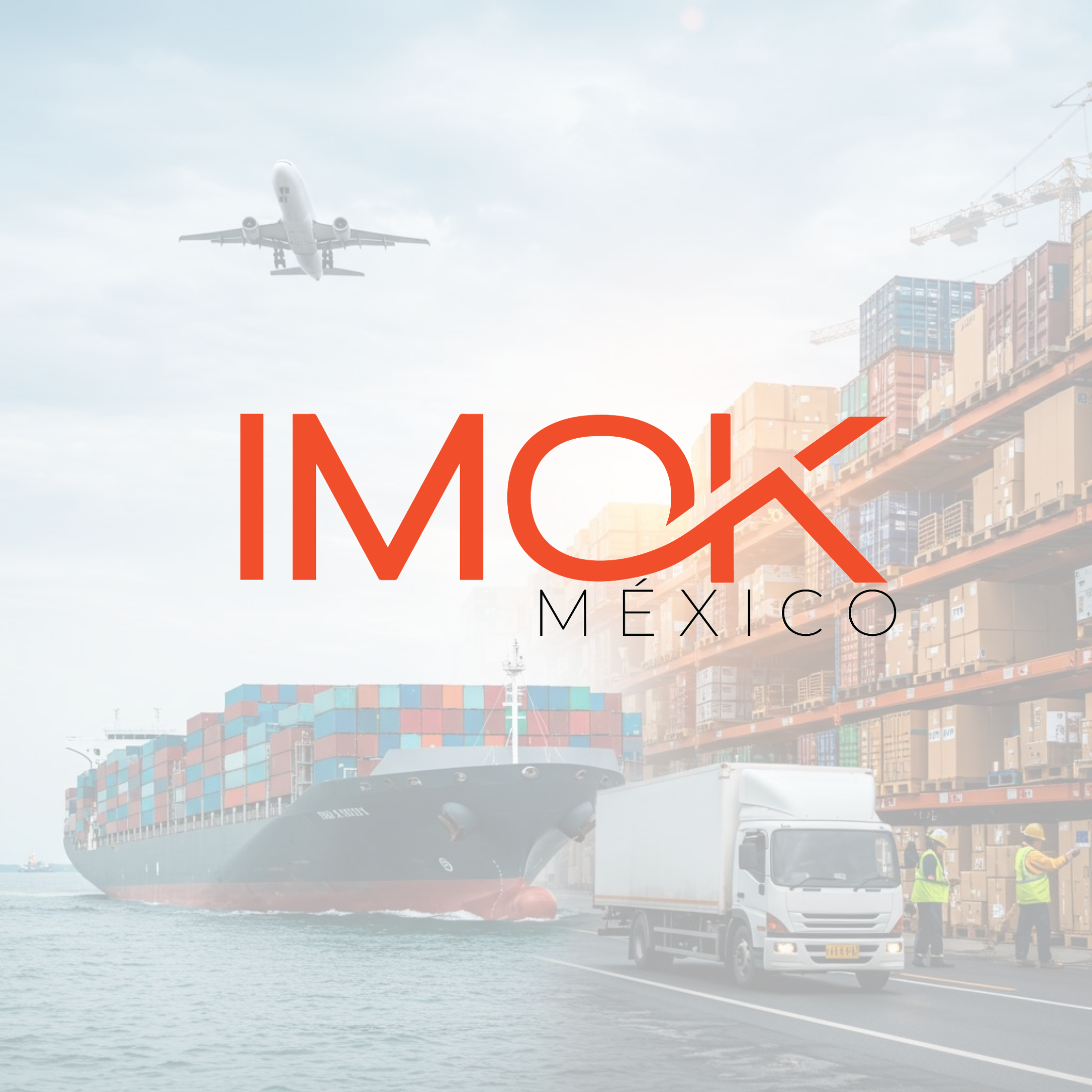 A cargo ship is docked at a port with container stacks, while an airplane flies overhead. Several trucks are present in the port scene, and construction cranes are visible in the background.