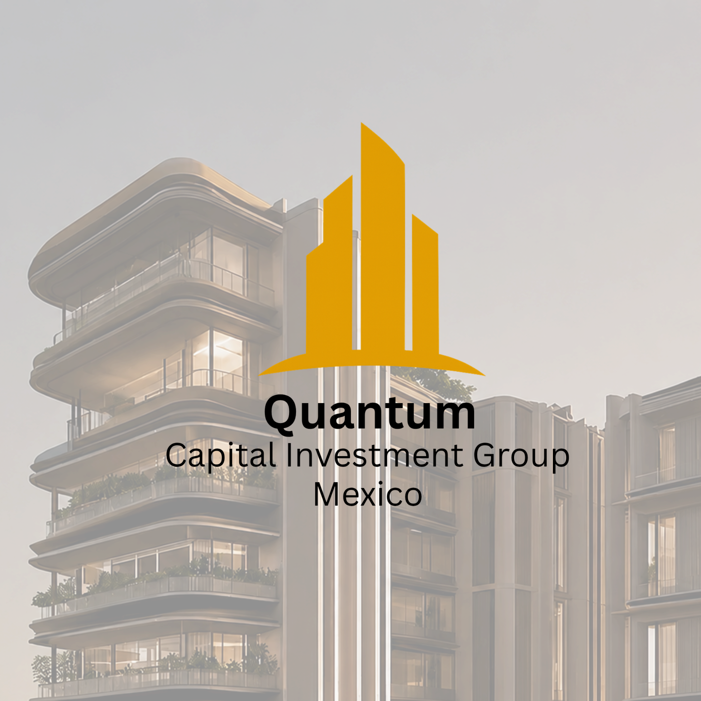 Modern multi-story residential building with curved balconies and glass railings, with a graphic overlay of a yellow Quantum Capital Investment Group logo and text.