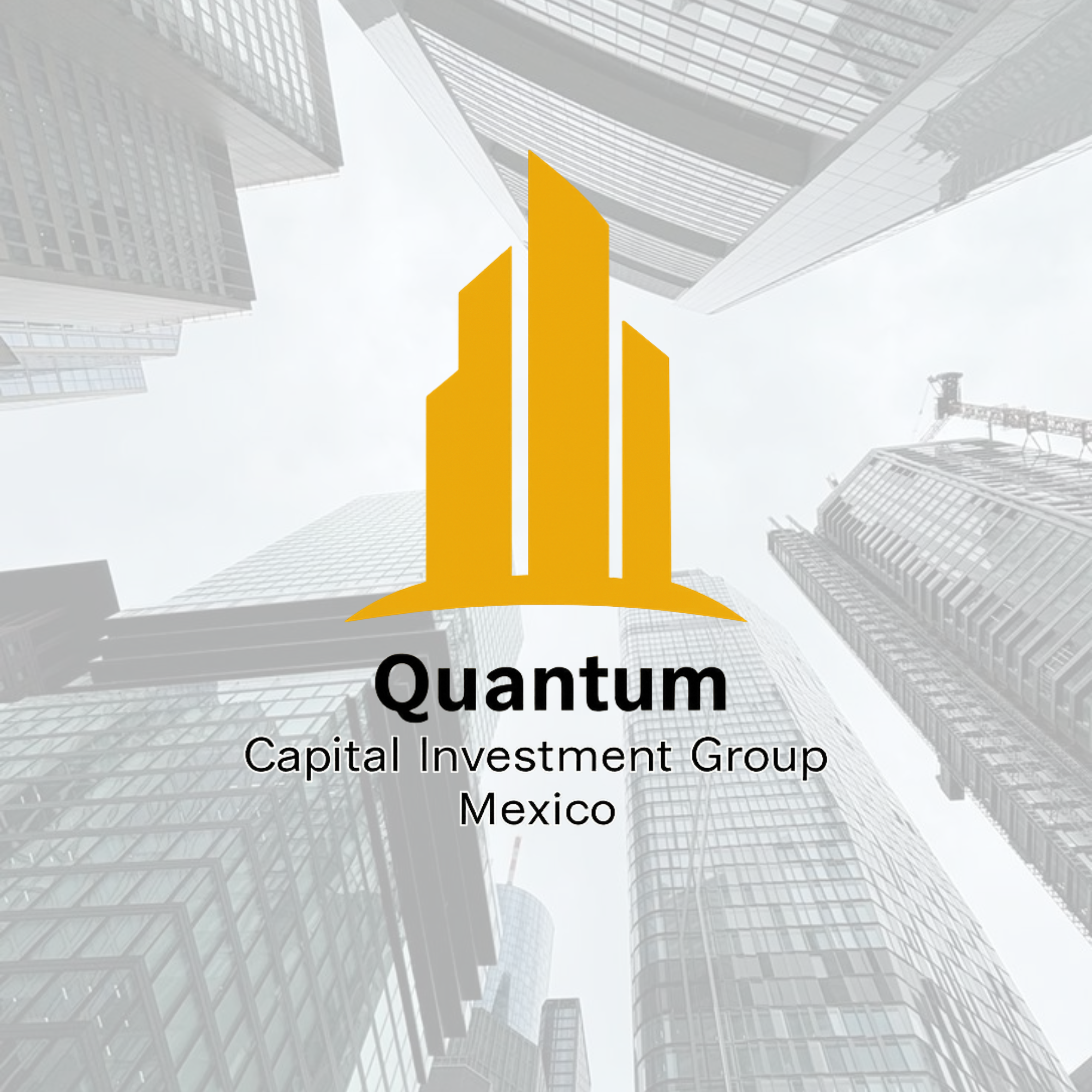 Modern multi-story residential building with curved balconies and glass railings, with a graphic overlay of a yellow Quantum Capital Investment Group logo and text.