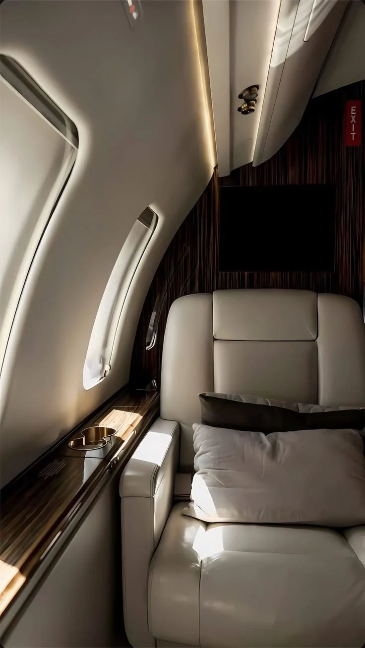 Inside a private jet with beige leather seat, pillow, window, and wooden window ledge.
