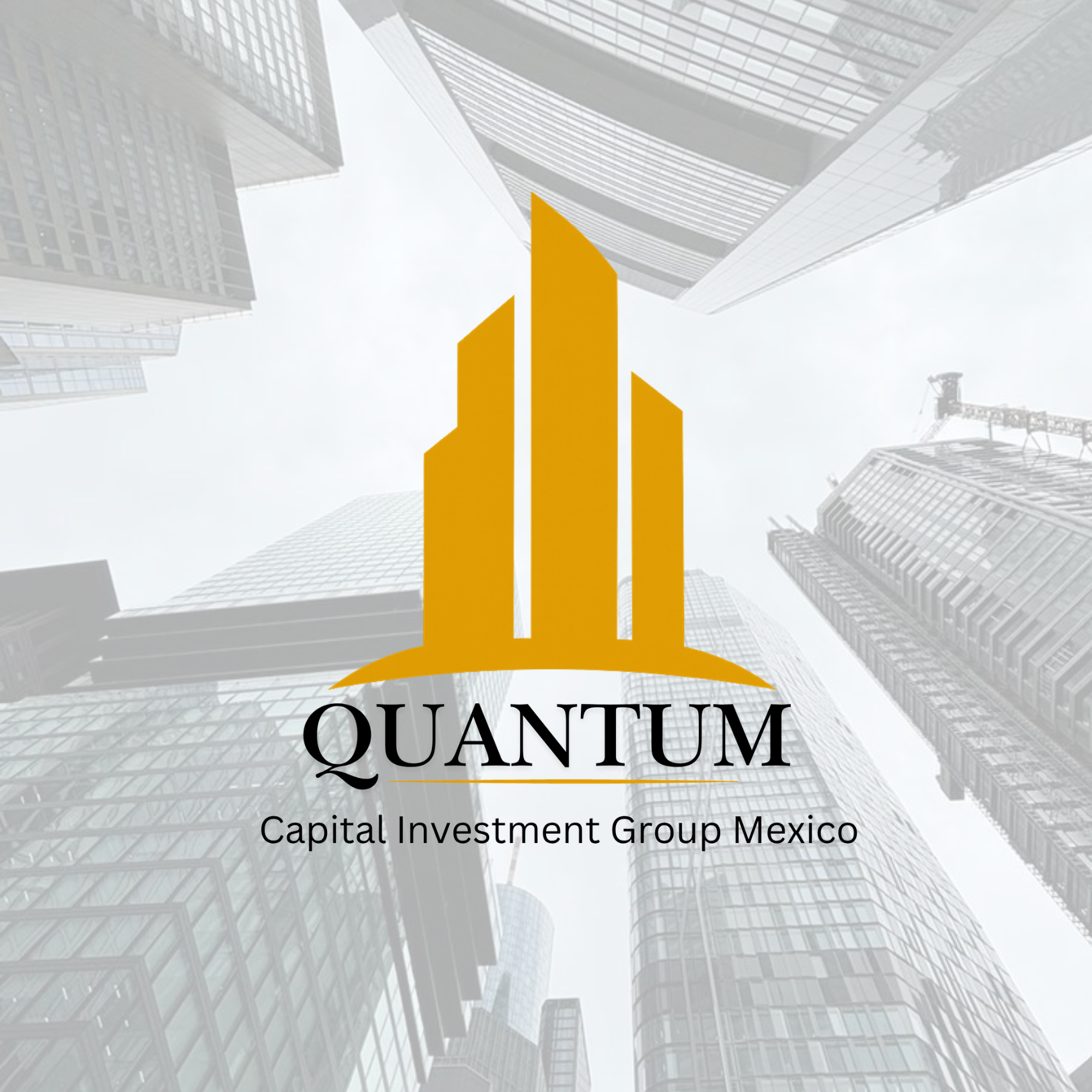 Modern multi-story residential building with curved balconies and glass railings, with a graphic overlay of a yellow Quantum Capital Investment Group logo and text.