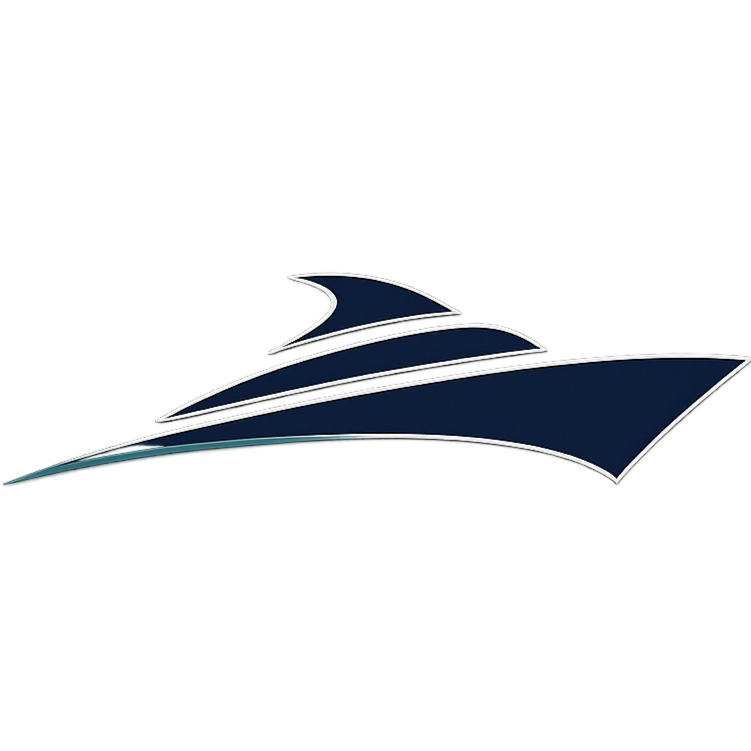 A stylized logo resembling a modern yacht or boat with sharp lines and a dark blue and silver color scheme.