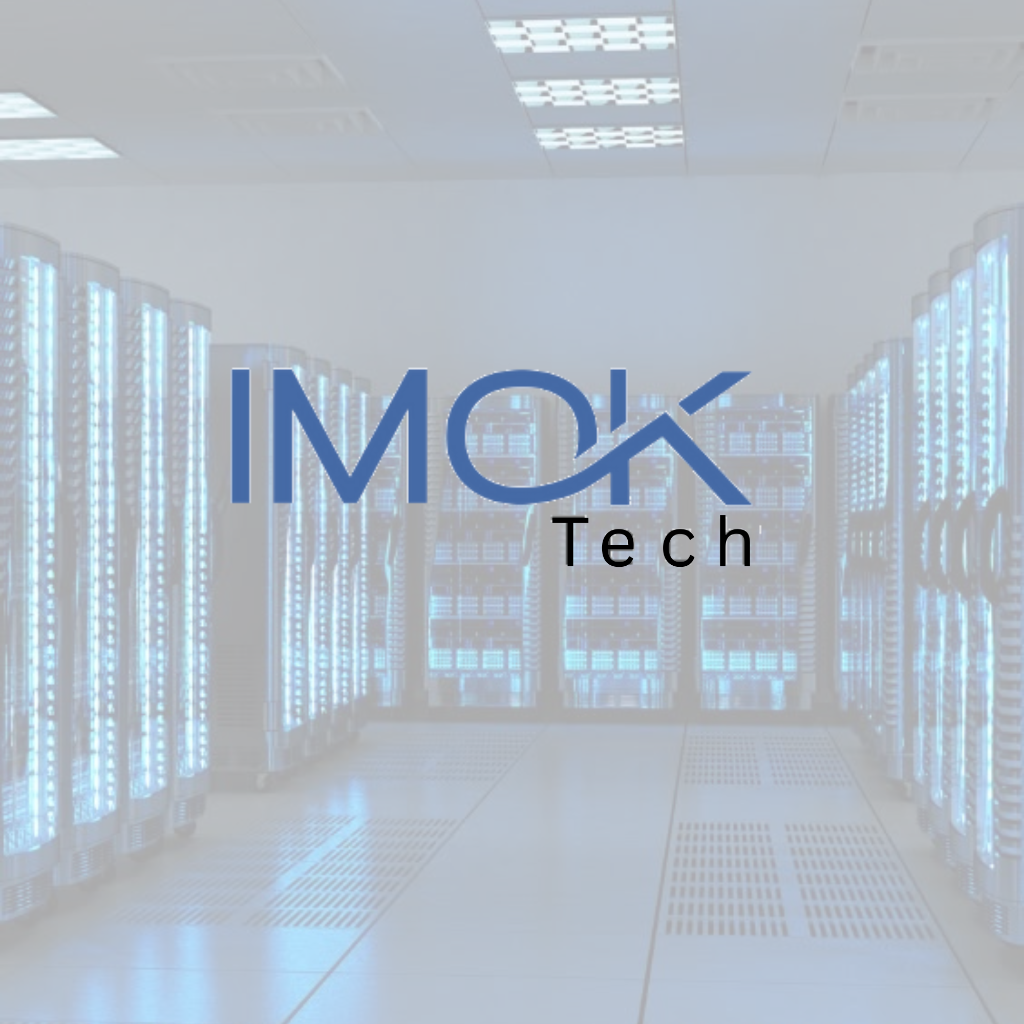 A data center with rows of server racks illuminated with blue lights, seen through a foggy or misty atmosphere.