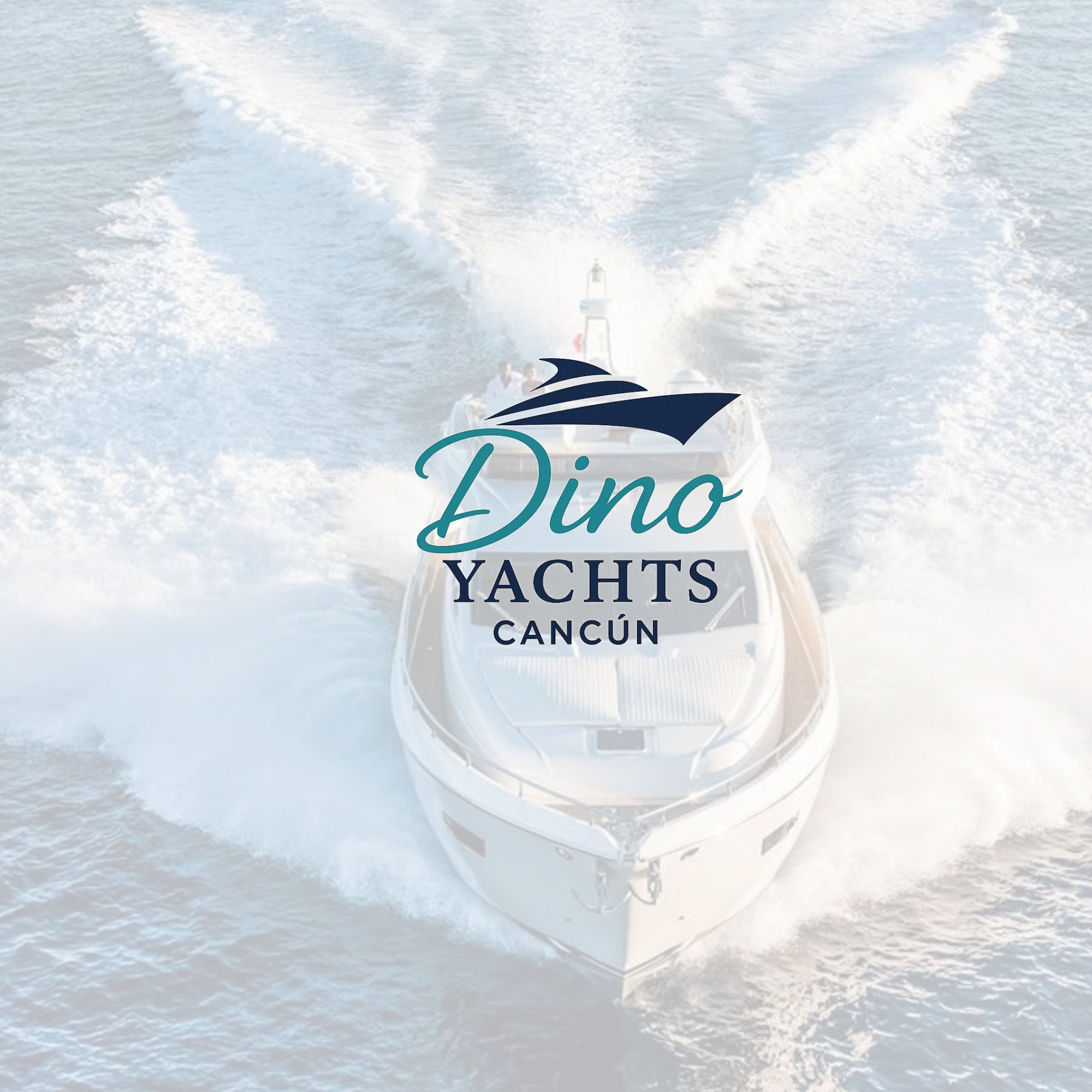 A yacht moving through the water, creating wake behind it, with a logo for Dino Yachts Cancun overlayed on the image.