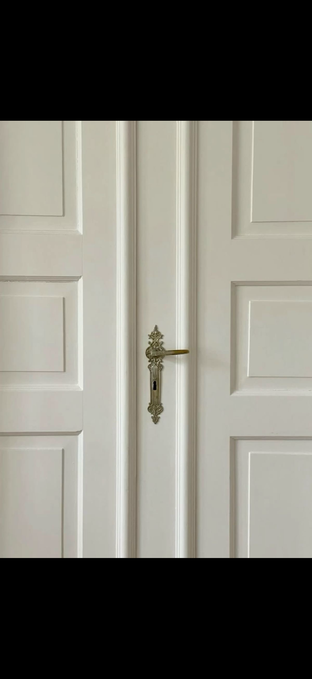 White door with decorative brass handle and keyhole, featuring inset panels and ornate trim.