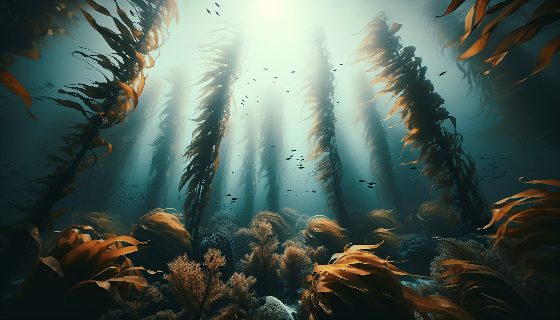 Underwater scene of a kelp forest with sunlight filtering through the water, small fish swimming among tall kelp plants and coral at the ocean floor.