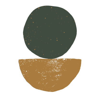 Textured stacked shapes with green spherical top and a brown half-moon beneath it.