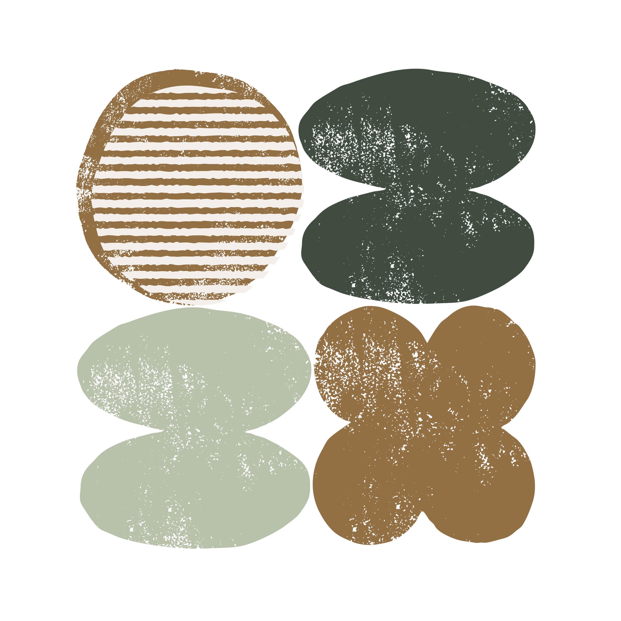 A stylized illustration of various circles and ovals with distressed textures in earthy tones of brown, green, and beige.