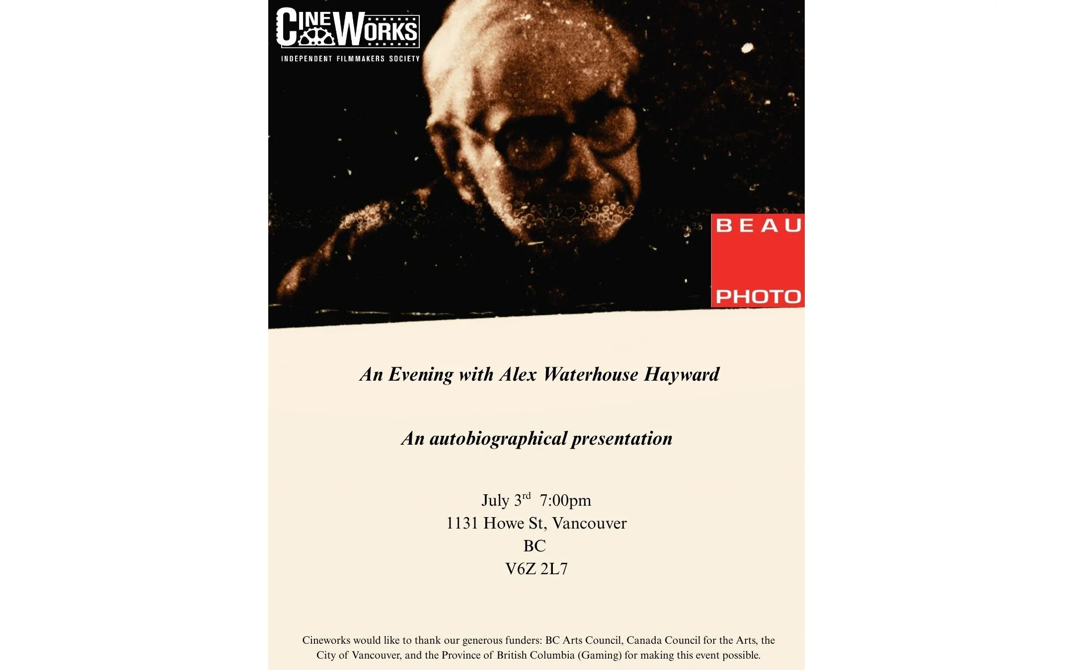 Cineworks and Beau Photo are proud to present 𝗔𝗻 𝗘𝘃𝗲𝗻𝗶𝗻𝗴 𝘄𝗶𝘁𝗵 𝗔𝗹𝗲𝘅 𝗪𝗮𝘁𝗲𝗿𝗵𝗼𝘂𝘀𝗲-𝗛𝗮𝘆𝘄𝗮𝗿𝗱, a free artist&rsquo;s talk and presentation by acclaimed Vancouver-based photographer Alex Waterhouse-Hayward.

Across a decades-
