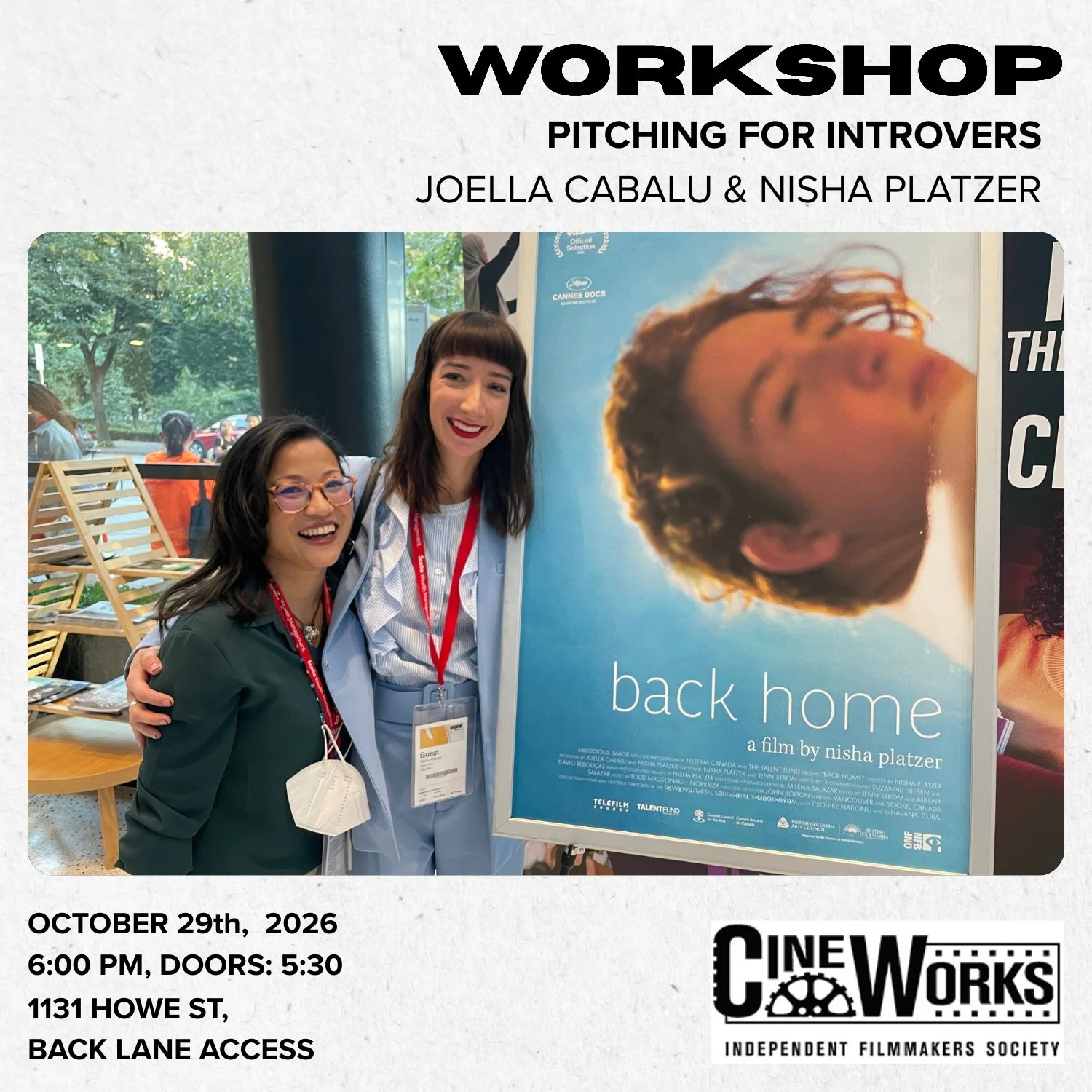 Cineworks is pleased to present Pitching for Introverts, a hands-on workshop led by filmmakers Nisha Platzer and Joella Cabalu. 🎬

From casual run-ins to speed meetings to formal on-stage presentations, there are countless ways you&rsquo;ll be asked