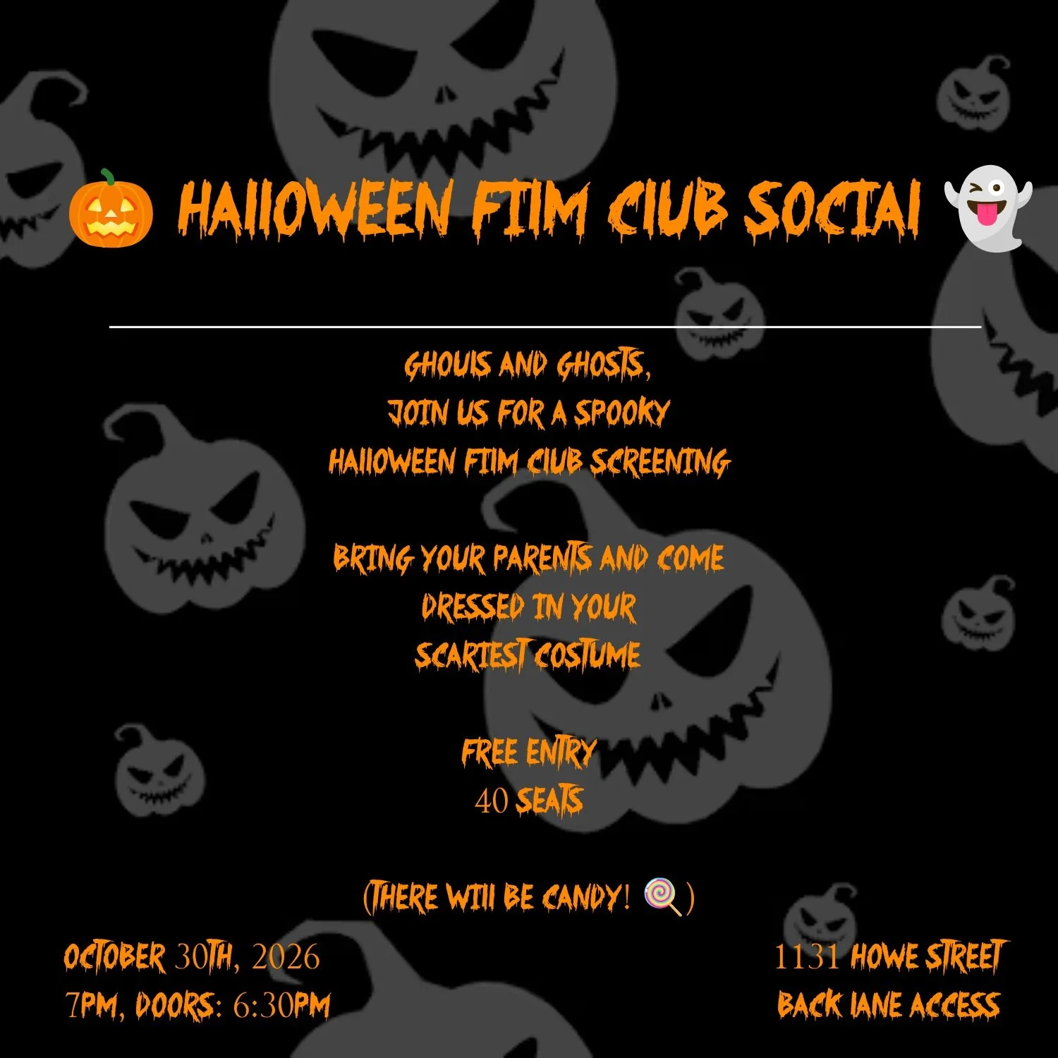 Calling all little monsters, ghosts, and ghouls!

This Halloween, Film Club Social invites kids and their grown-ups to Cineworks for a spooktacular evening of cinema, costumes, and sweet treats!

Put on your scariest (or silliest!) Halloween costume,