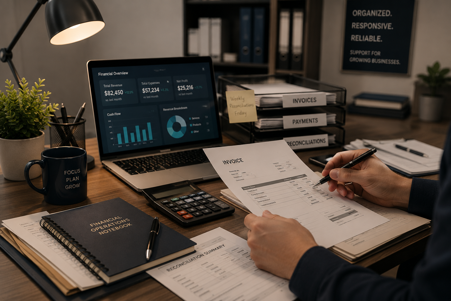 A person analyzing financial documents at a desk with a laptop displaying financial overview charts, a calculator, notebooks, pens, a mug, and organized files labeled invoices, payments, and reconciliations.