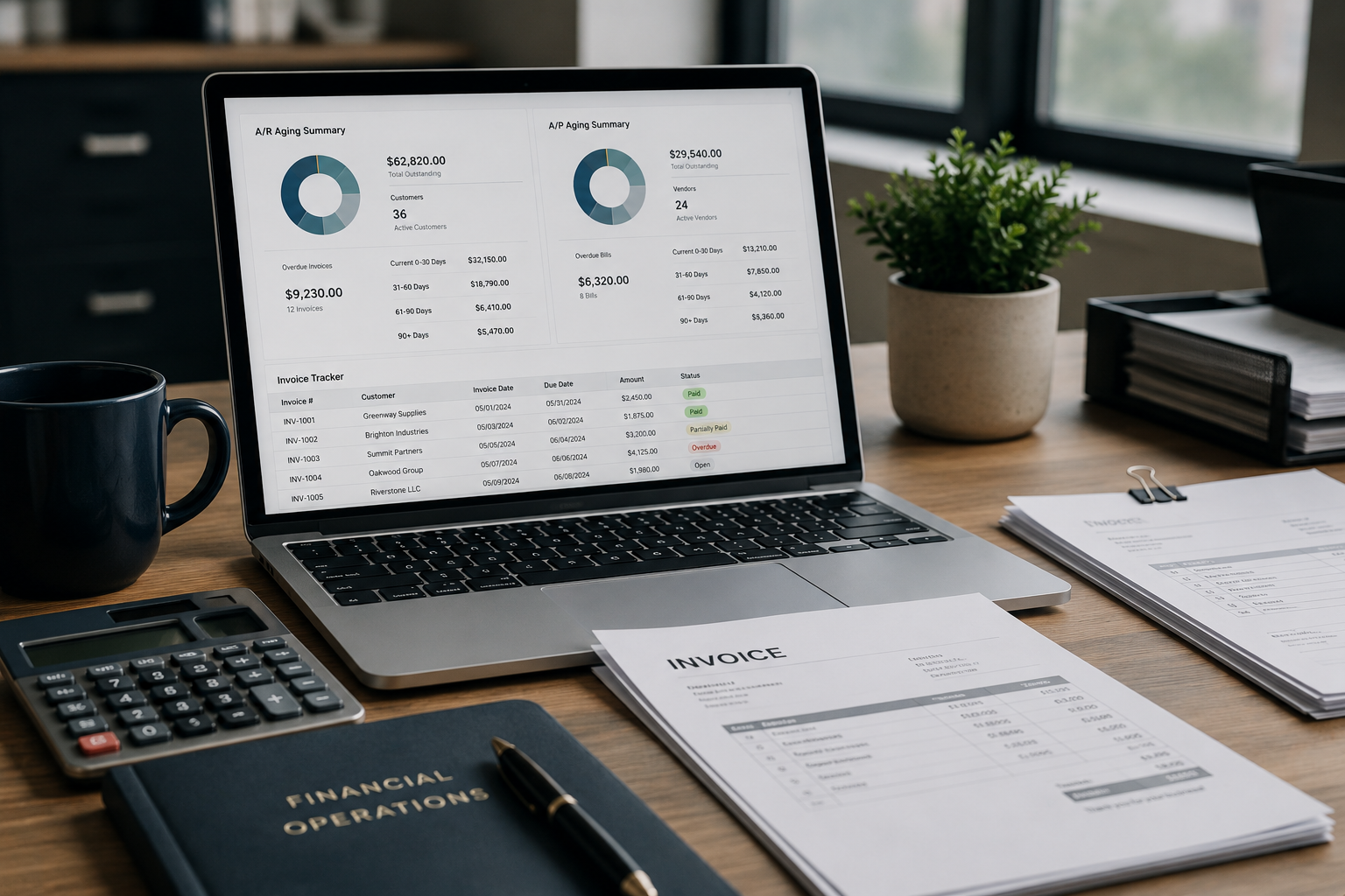 A laptop displaying financial data, bills, and invoice tracker spreadsheets on a wooden desk with a black coffee mug, calculator, financial operations notebook, and stacks of paper and folders, next to a potted plant and a window.