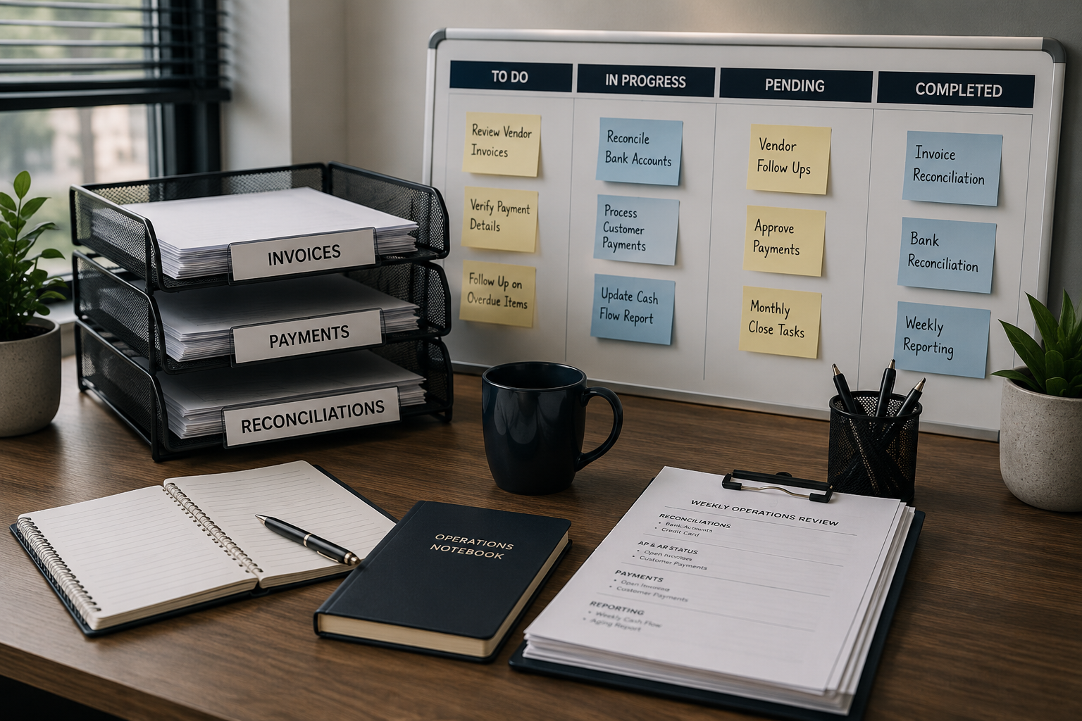 Office desk with organized files and documents, whiteboard with task categories, notebooks, pens, and potted plants.