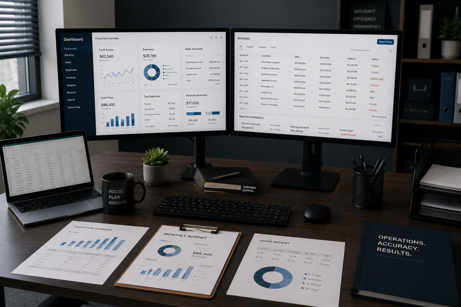 An office desk with two monitors displaying financial dashboards, a laptop with spreadsheets, and printed financial reports, along with office supplies and a small potted plant.