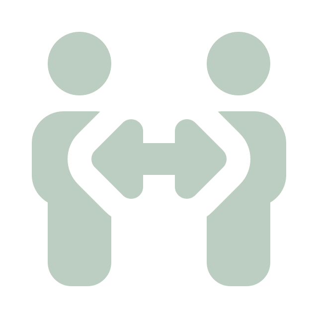 Two stylized figures with round heads and rounded bodies facing each other, with a double angle brackets symbol between them.