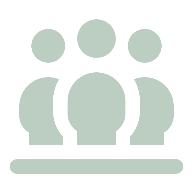 Icon of a group of six people, with three in the front and three behind, representing a community or team.