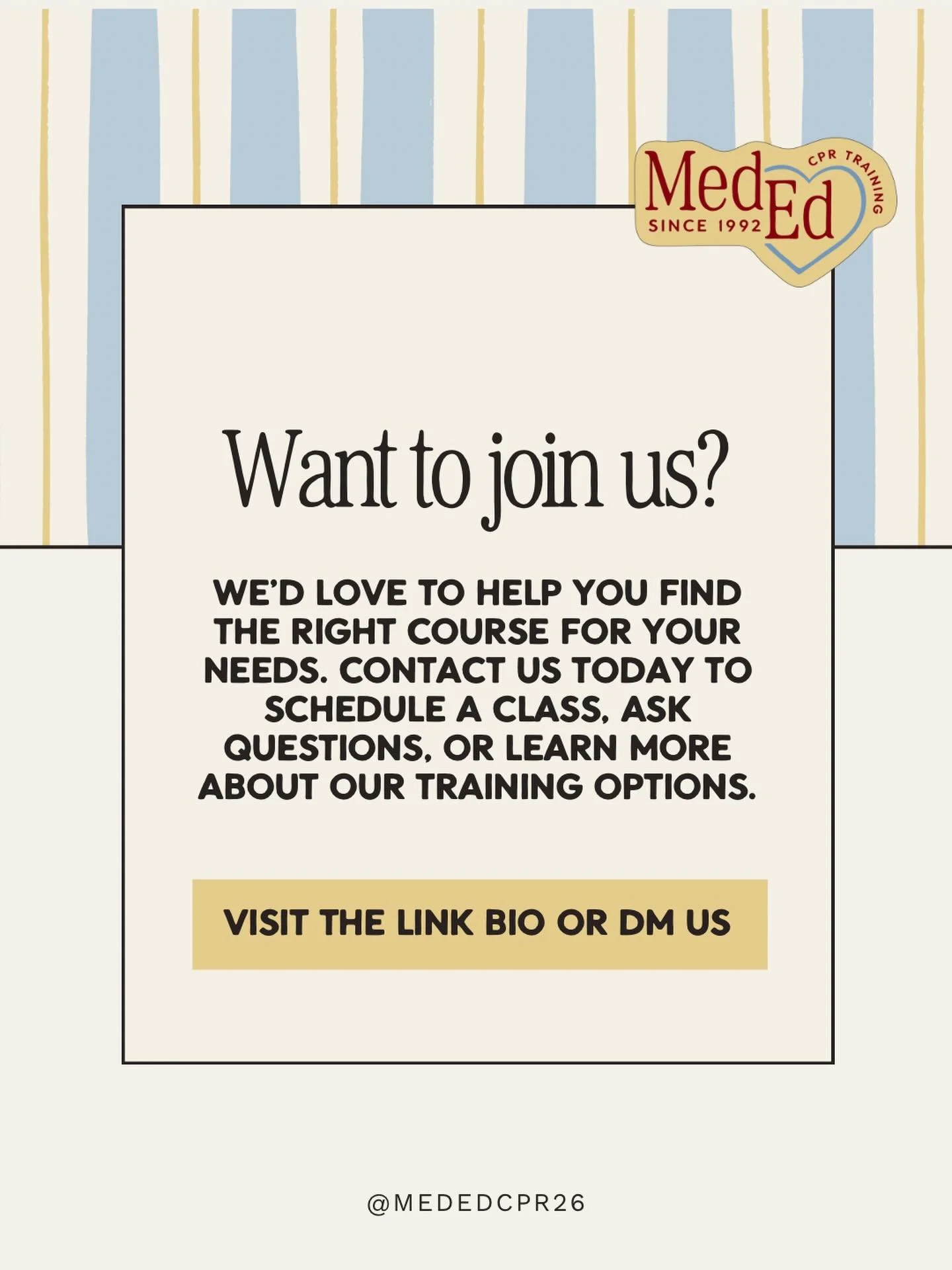 Come take a look at what classes we offer! If you don&rsquo;t see something you want fill out the form on the contact page and let&rsquo;s chat about how we can help you!! www.mededcprtraining.com