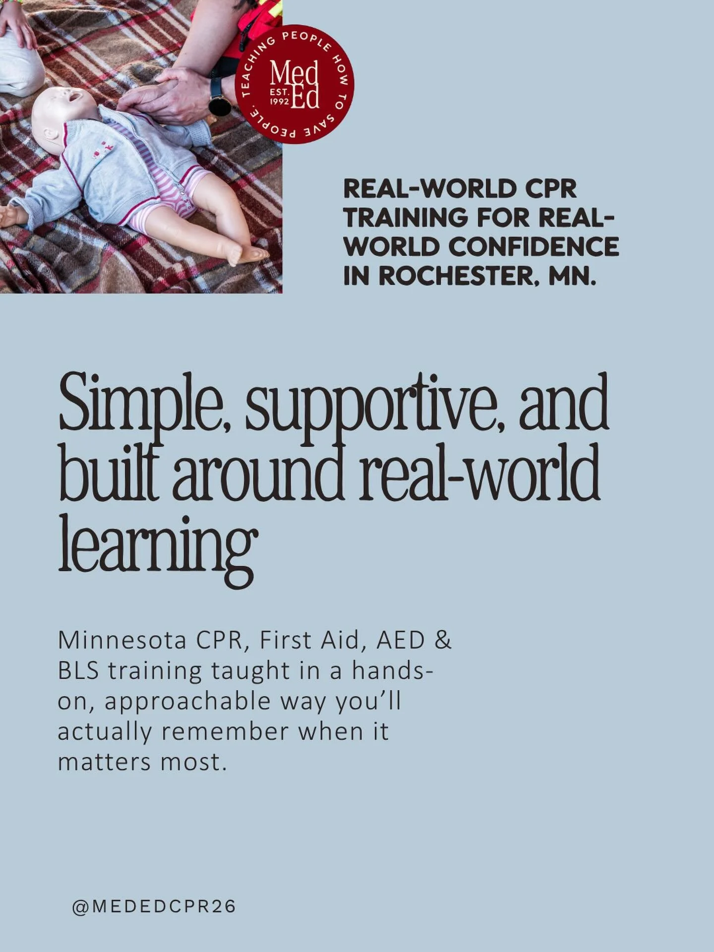 Come check out our website and sign up for a class, or message me for an inquiry on how we can help you get a group class set up for your business!! 

CPR is a skill that everyone should know! 

www.mededcprtraining.com