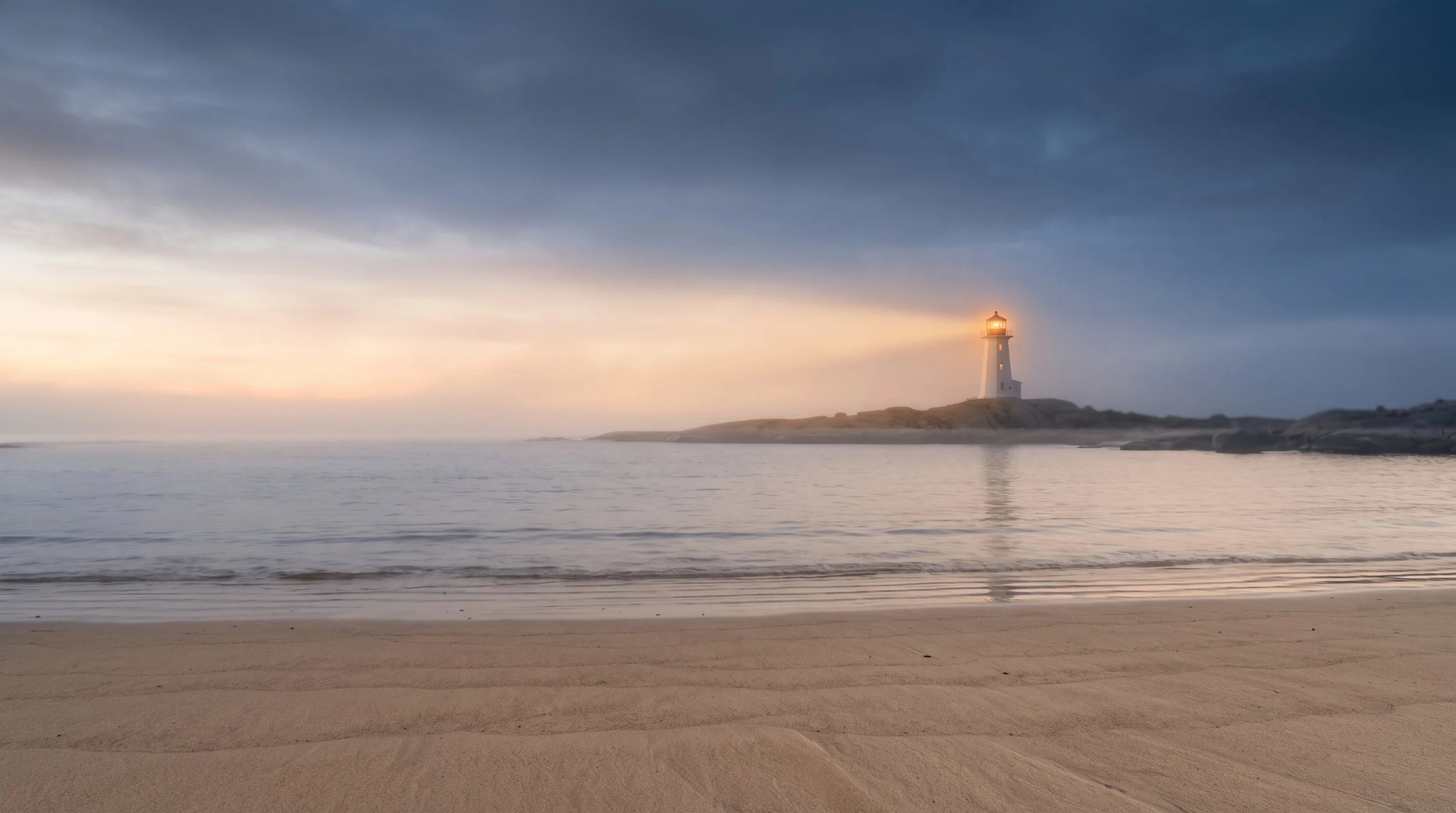 A tranquil beach scene at sunset with a lighthouse on a small landmass and calm water in the foreground.
