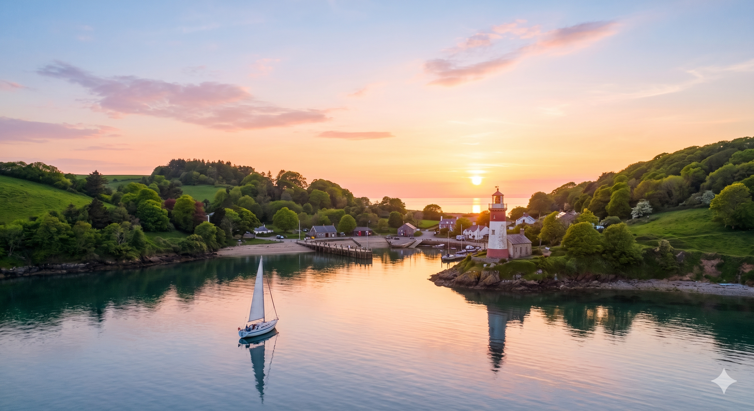 A coastal harbor at sunset with a lighthouse, sailboat, and small village surrounded by lush green hills.