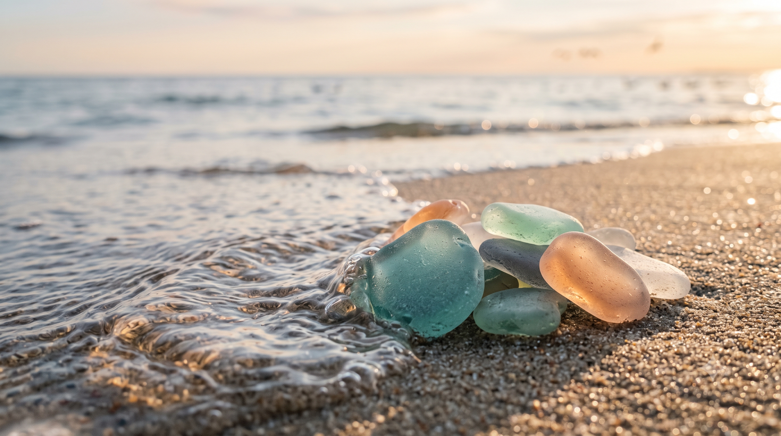 Colorful sea glass stones sitting on a sandy beach shore at sunset representing unique internal parts in dissociation therapy. Metaphor Placement