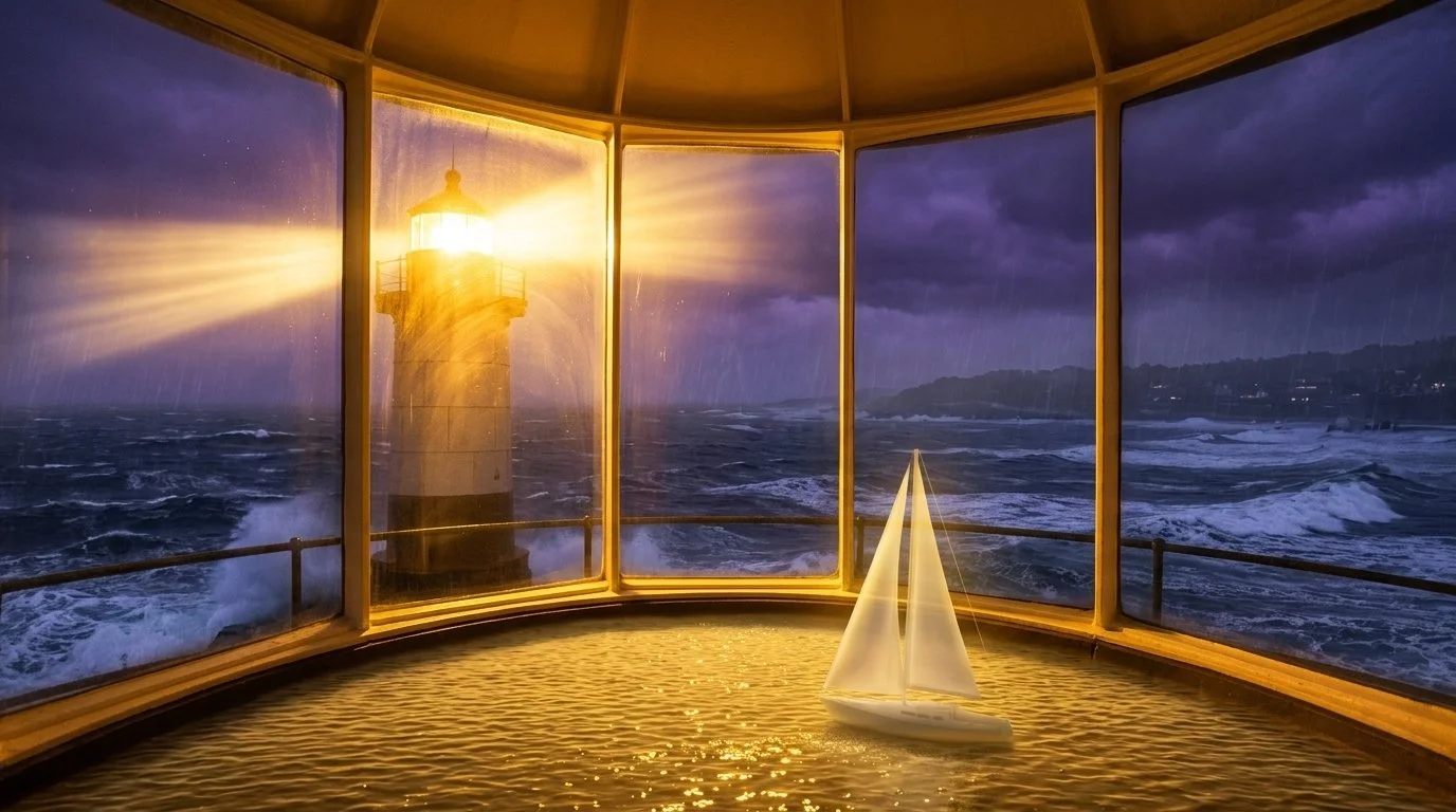 A lighthouse shining light through a window with a lighthouse view, inside a coastal lighthouse with a model sailboat on a textured surface, during sunset or sunrise with dark clouds and waves outside.