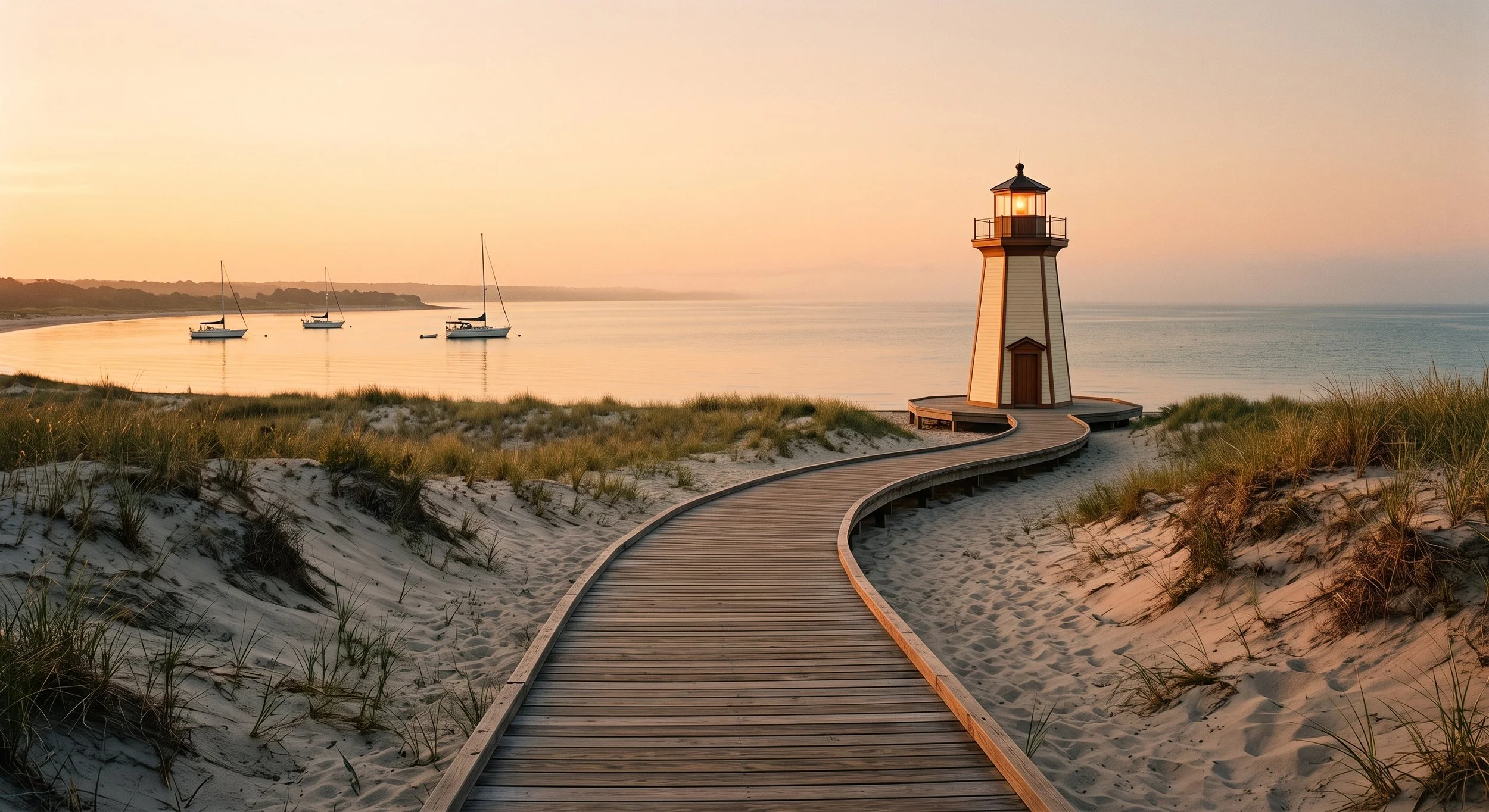 A wooden pathway leading to a lighthouse on a sandy beach with grassy dunes, with sailboats anchored offshore during sunset.