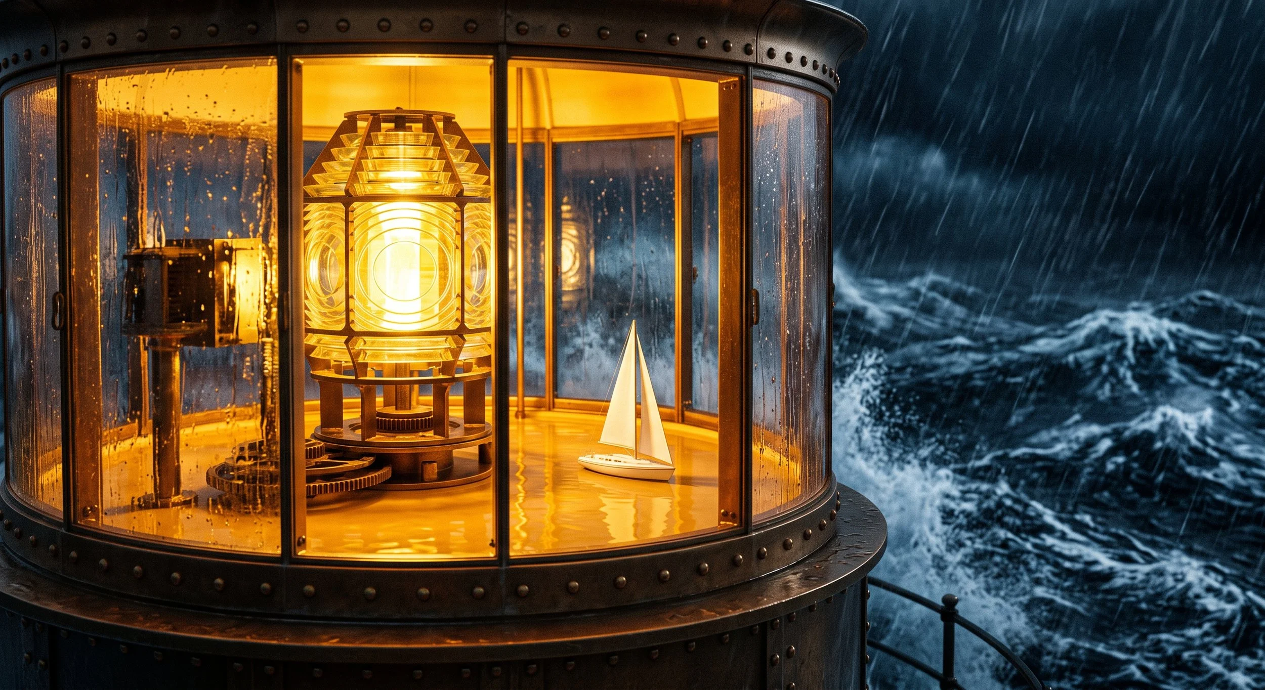 A lighthouse on a stormy night with a bright, warm light illuminating through glass panels, and a small white sailboat nearby in choppy dark blue ocean waters.