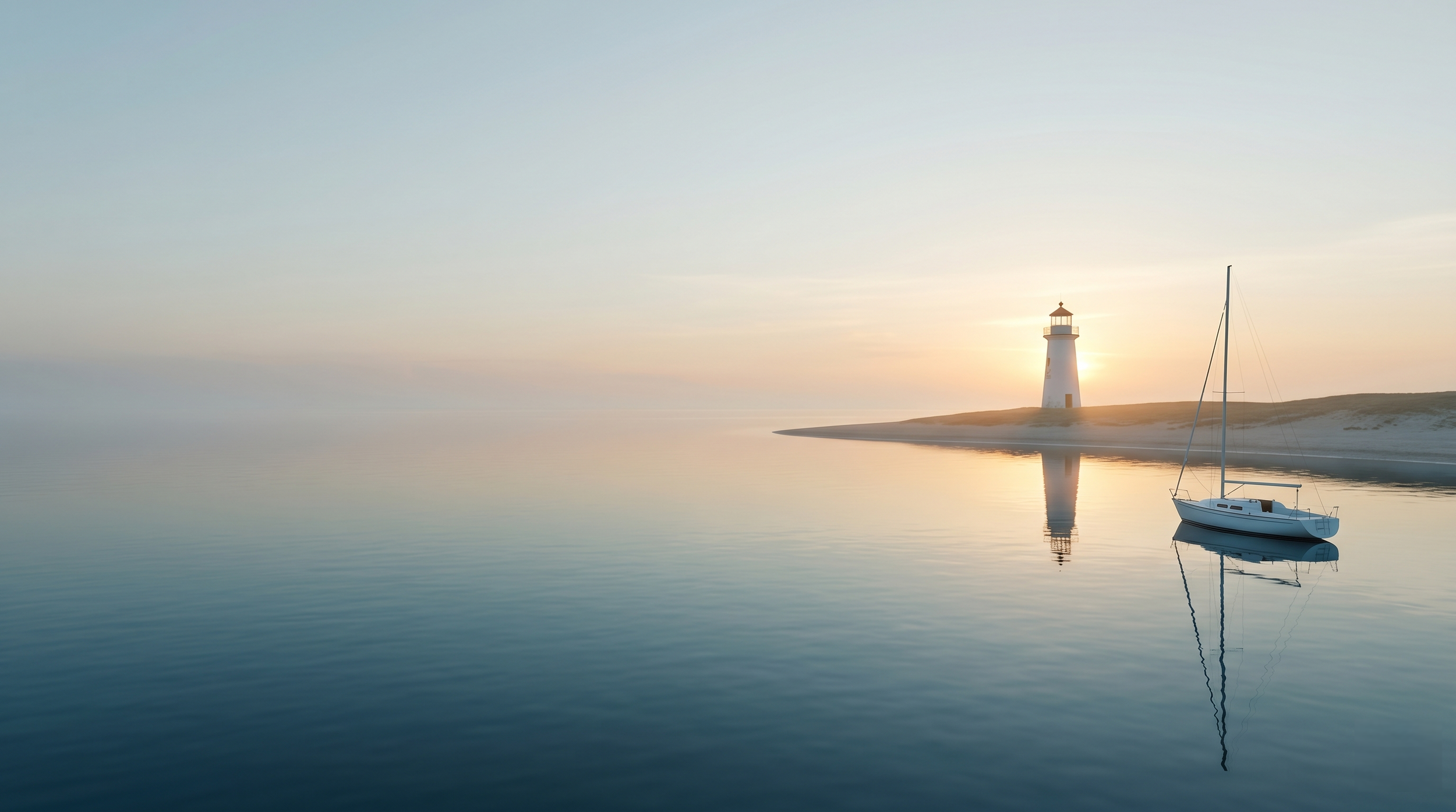 A tranquil scene near a lighthouse and sailboat at sunset with calm water reflecting the sky and the structures.