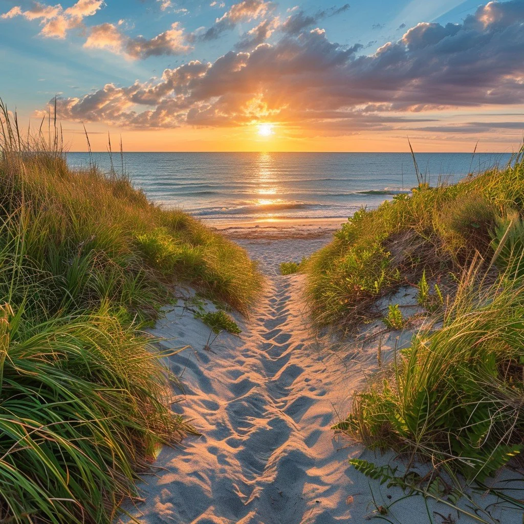 A sandy pathway through green dunes leading to a sunset over the ocean with clouds in the sky.