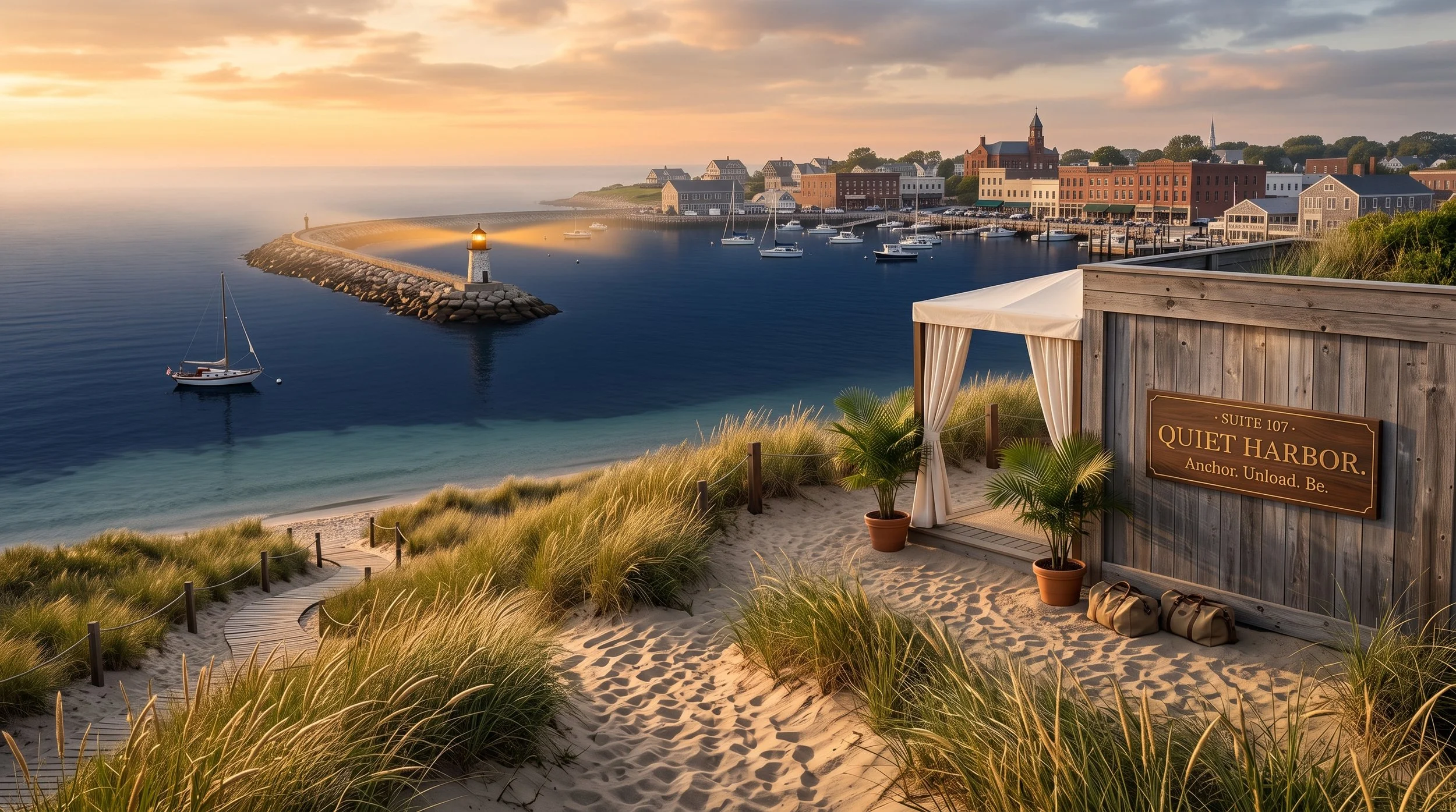 Sunset view of Quiet Harbor with a sandy path, grassy dunes, potted plants, a wooden fence, and a wooden structure with a sign saying 'Suite 107 Quiet Harbor Anchor Unload. Be.' overlooking a marina with boats and a town with buildings and houses in the background.