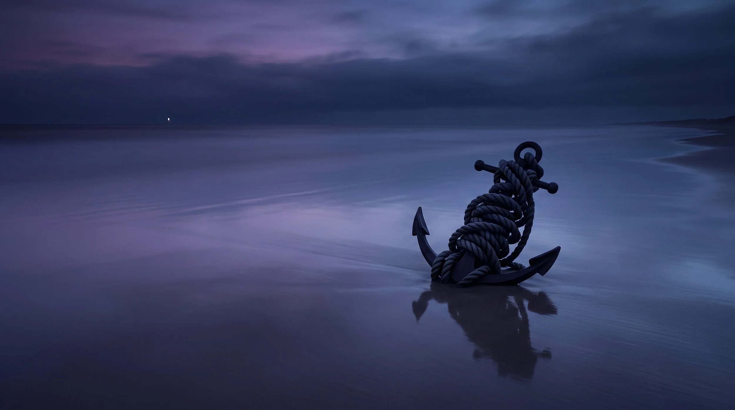 A large anchor wrapped with thick rope resting on a sandy beach during twilight, with a calm ocean and cloudy sky in the background.