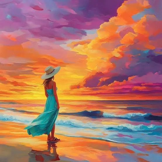 A woman in a blue sundress and wide-brim hat standing on a beach at sunset, with colorful clouds and ocean waves in the background.