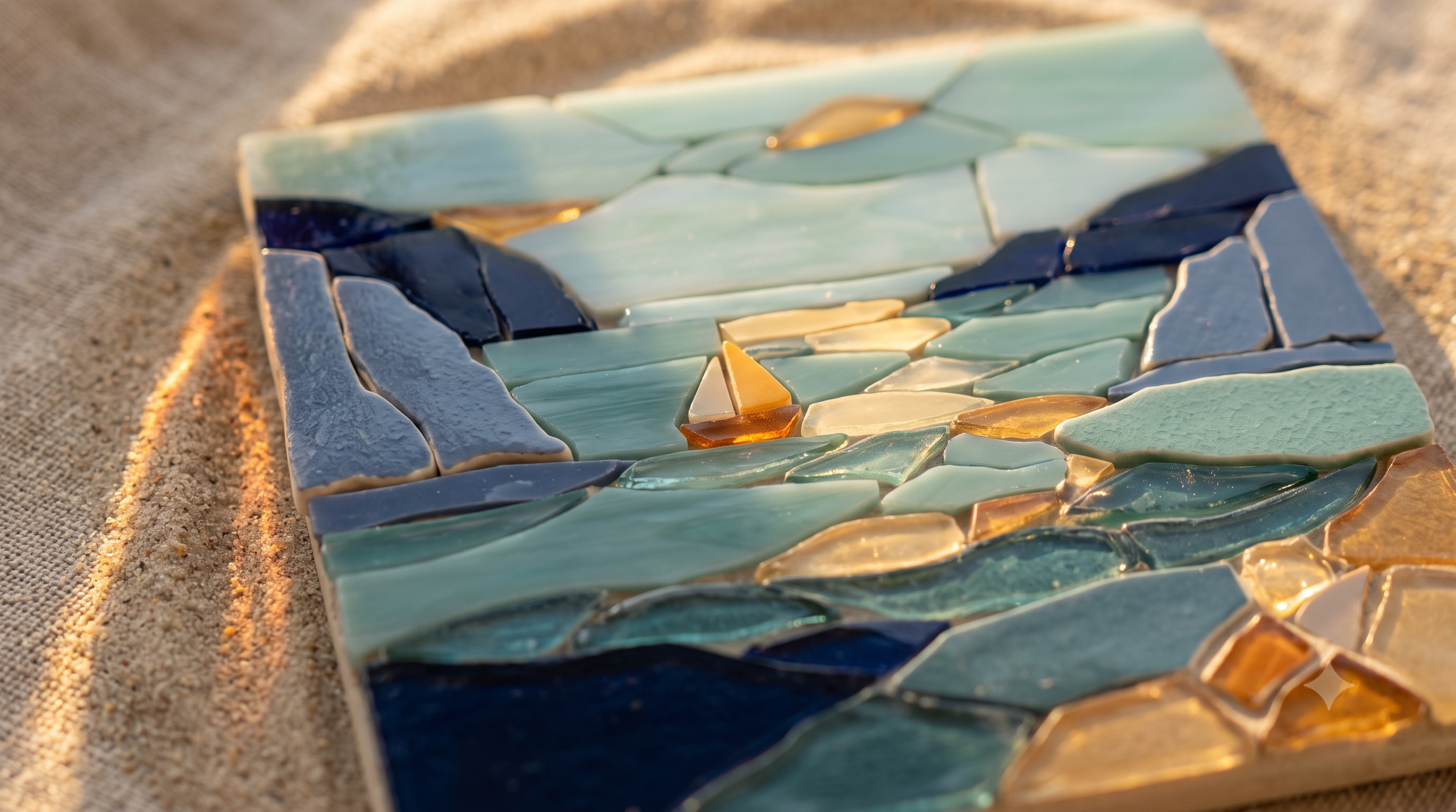 Stained glass mosaic depicting a sailboat entering a quiet harbor at sunset, illustrating identity integration in dissociation therapy