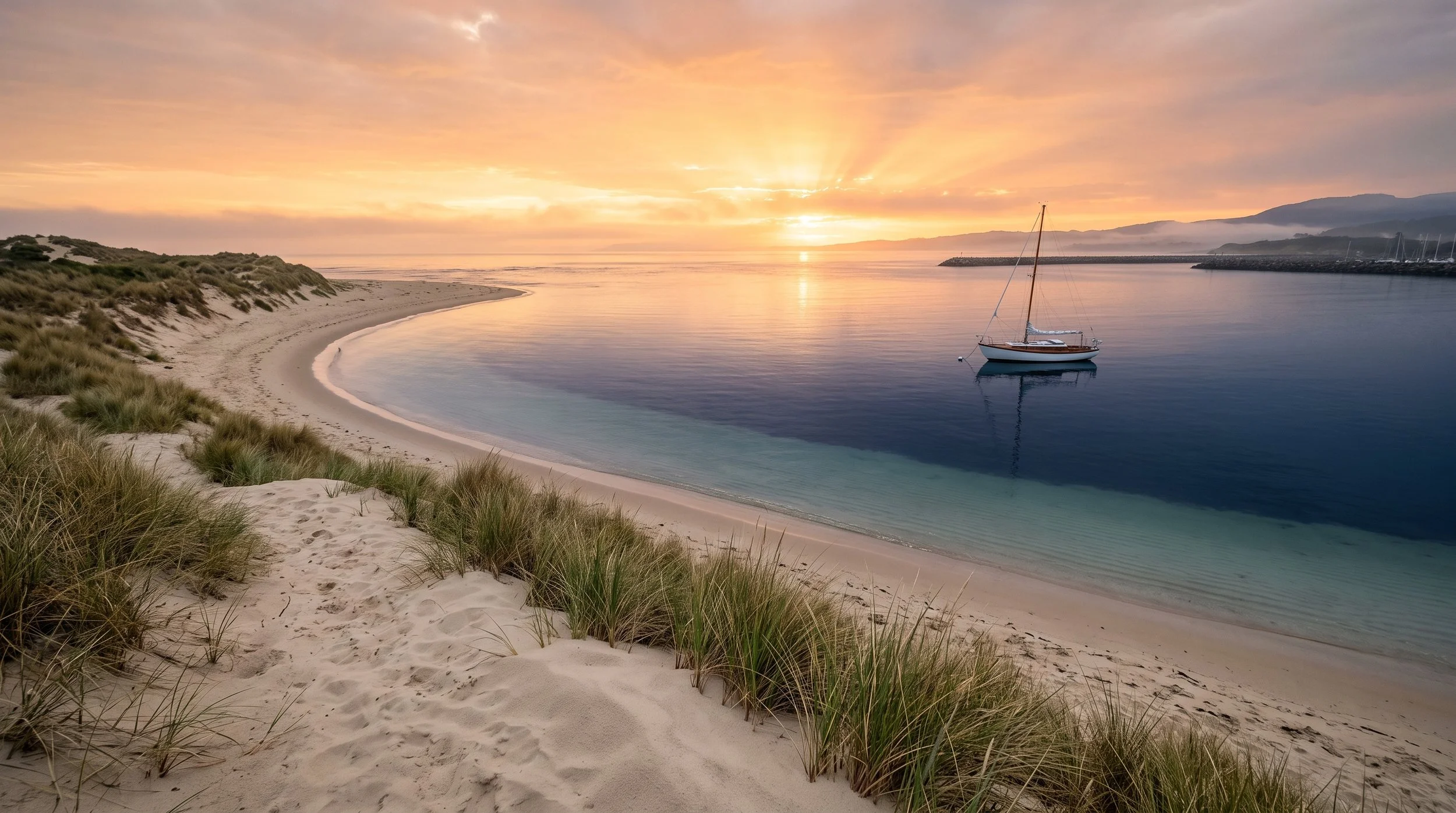 A peaceful beach scene at sunset with a sailboat anchored in calm water, sandy shoreline with patches of grass, and distant hills.