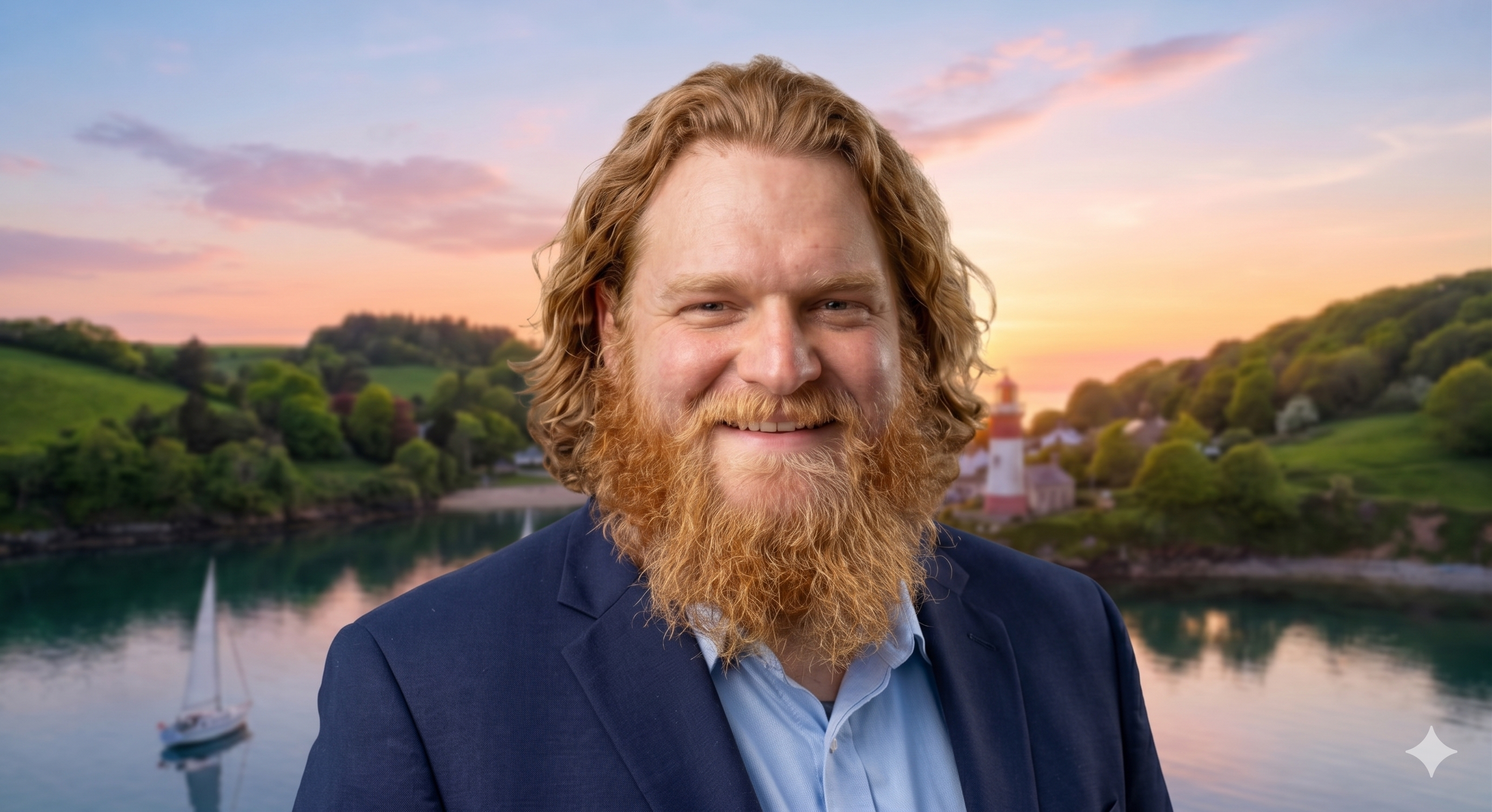 Portrait of a man with curly red hair and a beard, dressed in a navy suit and light blue shirt, standing outdoors with a scenic background of water, a sailboat, green hills, and a lighthouse during sunset.
