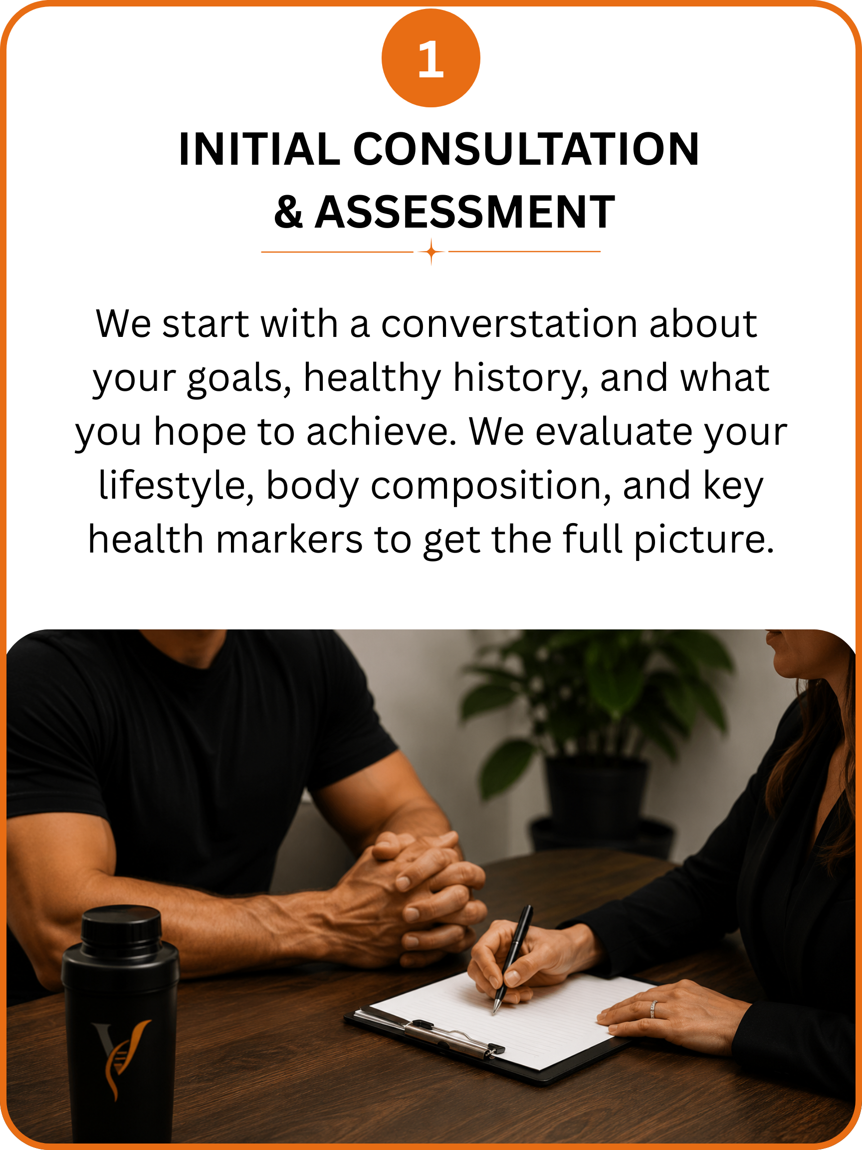 Two people shaking hands during an initial consultation at a wooden table, with a clipboard, a pen, and a black drink container on the table, and a potted plant in the background.